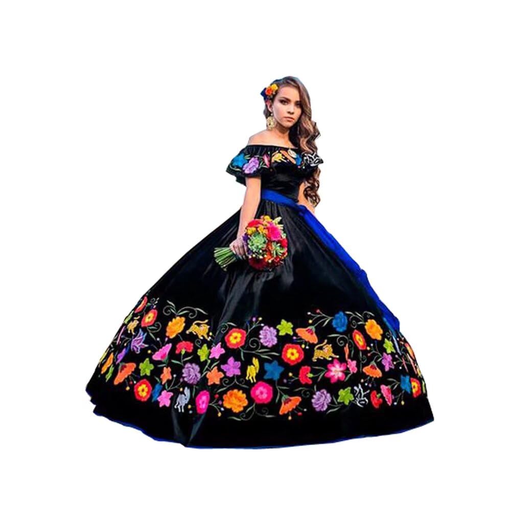 Elegant Off-The-Shoulder Flower Embroidered Quinceanera Dress with Blue Sash | Sweet 15 Charro Party Gown 2025 | Perfect for Quinceañeras, Birthday Celebrations & Special Occasions