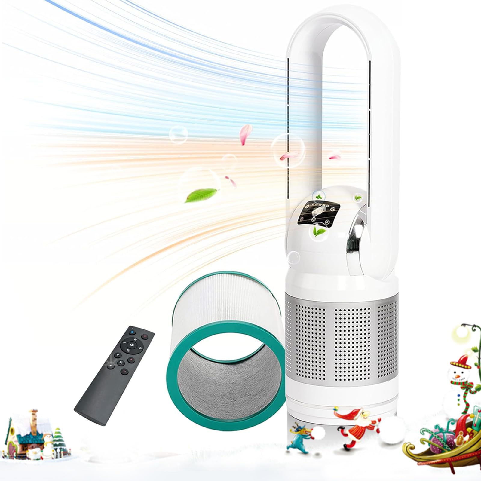 HEATIT Bladeless Tower Fan with Remote Control, Air Purifier, HEPA Filter & PM2.5 Removal - 80° Oscillation, 8 Speed Settings, 8H Timer - Perfect for Home, Bedroom, Kitchen & Office (White) | Stay Cool & Breathe Clean Air Year-Round