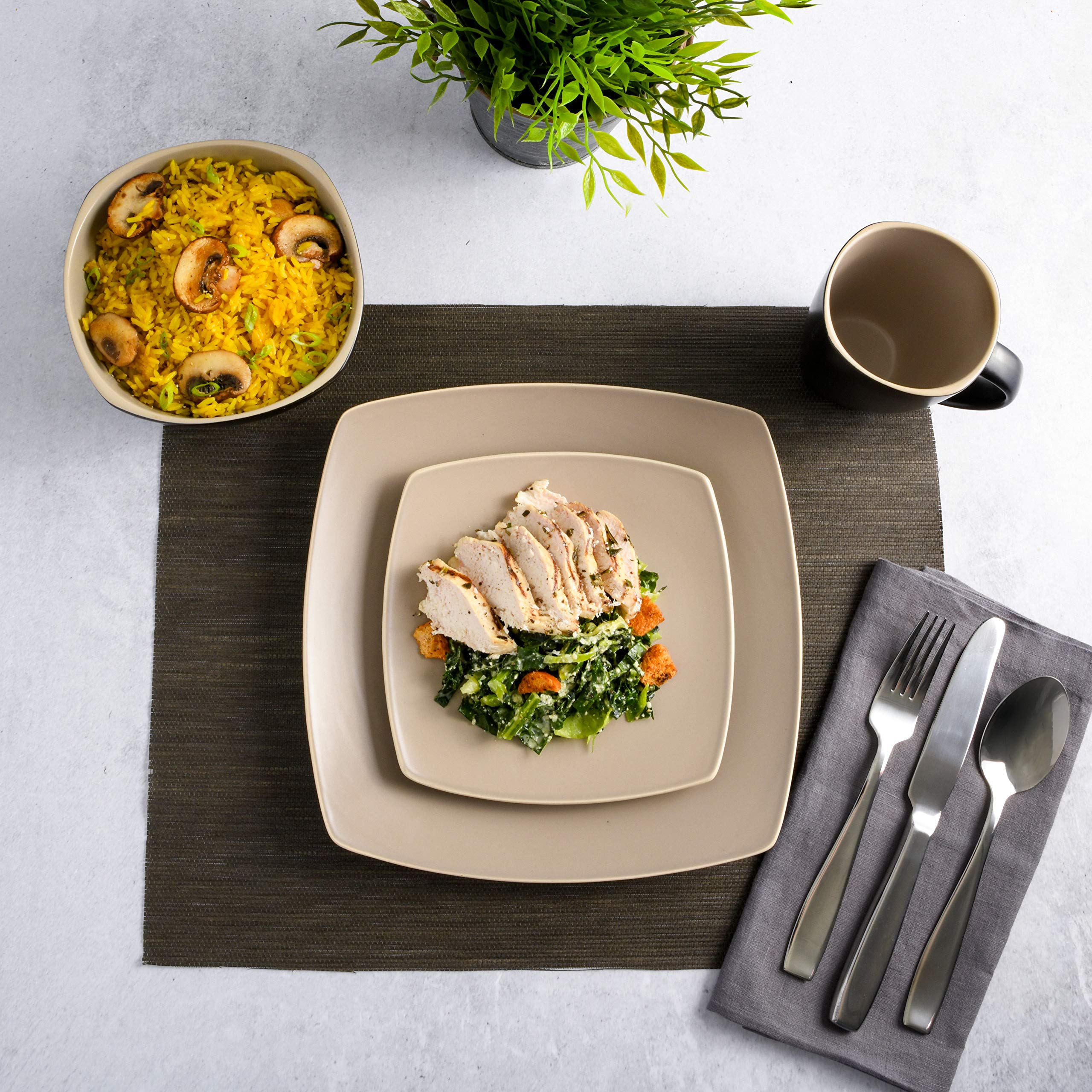 Premium Gibson Elite Soho Lounge 16-Piece Dinnerware Set for 4 - Matte Taupe Stoneware Plates, Bowls & Mugs - Elegant Dinner Party & Everyday Dining Tableware
