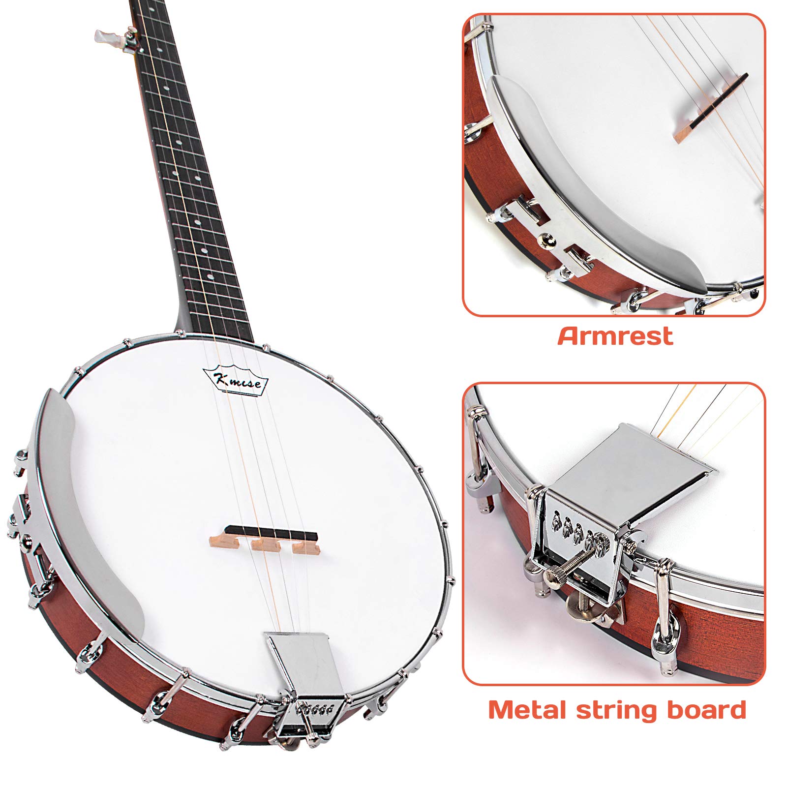 Kmise 5-String Banjo with 24 Brackets, Open Solid Back, Geared 5th Tuner & Arm Rest – Includes Gig Bag, Tuner, Strings, Strap, Picks & Wrench – Perfect for Beginners, Bluegrass & Live Performances