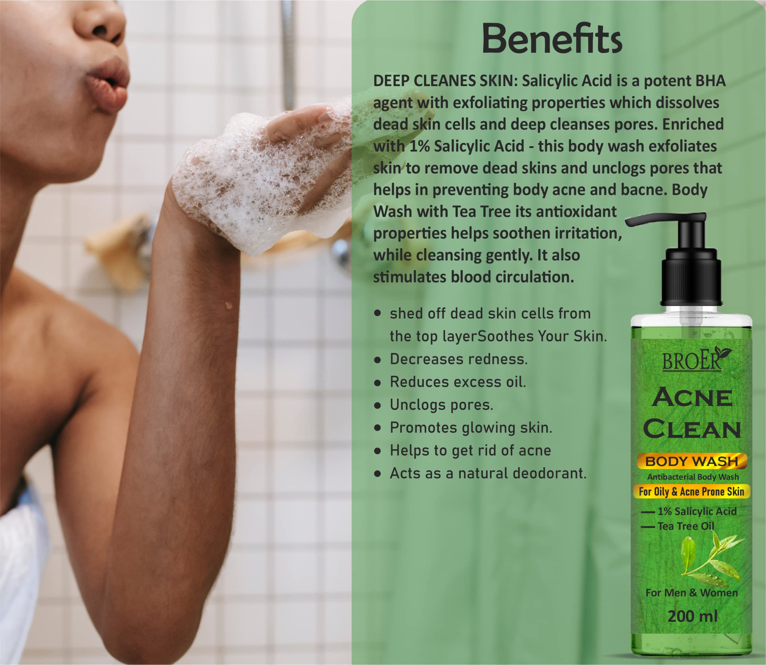 Acne Clear Body Wash with 1% Salicylic Acid & Tea Tree Oil - 400ml (Pack of 2) - Gentle Exfoliating Shower Gel for Back & Body Acne Treatment - Perfect for Teens & Adults with Oily or Problem Skin