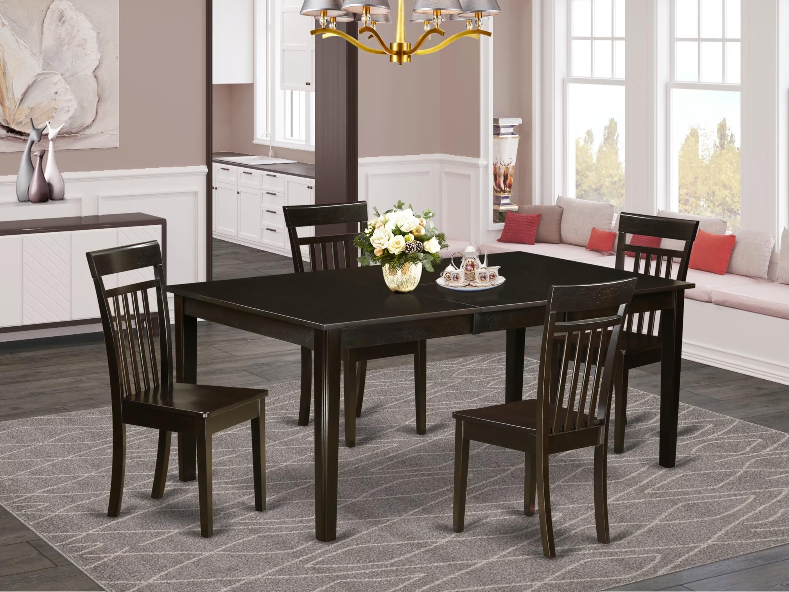 East West Furniture HECA5-CAP-W 5-Piece Cappuccino Dining Set with 42x72 Inch Rectangle Pedestal Table & 4 Chairs - Perfect for Kitchen, Dining Room, Breakfast Nook & Small Space Entertaining