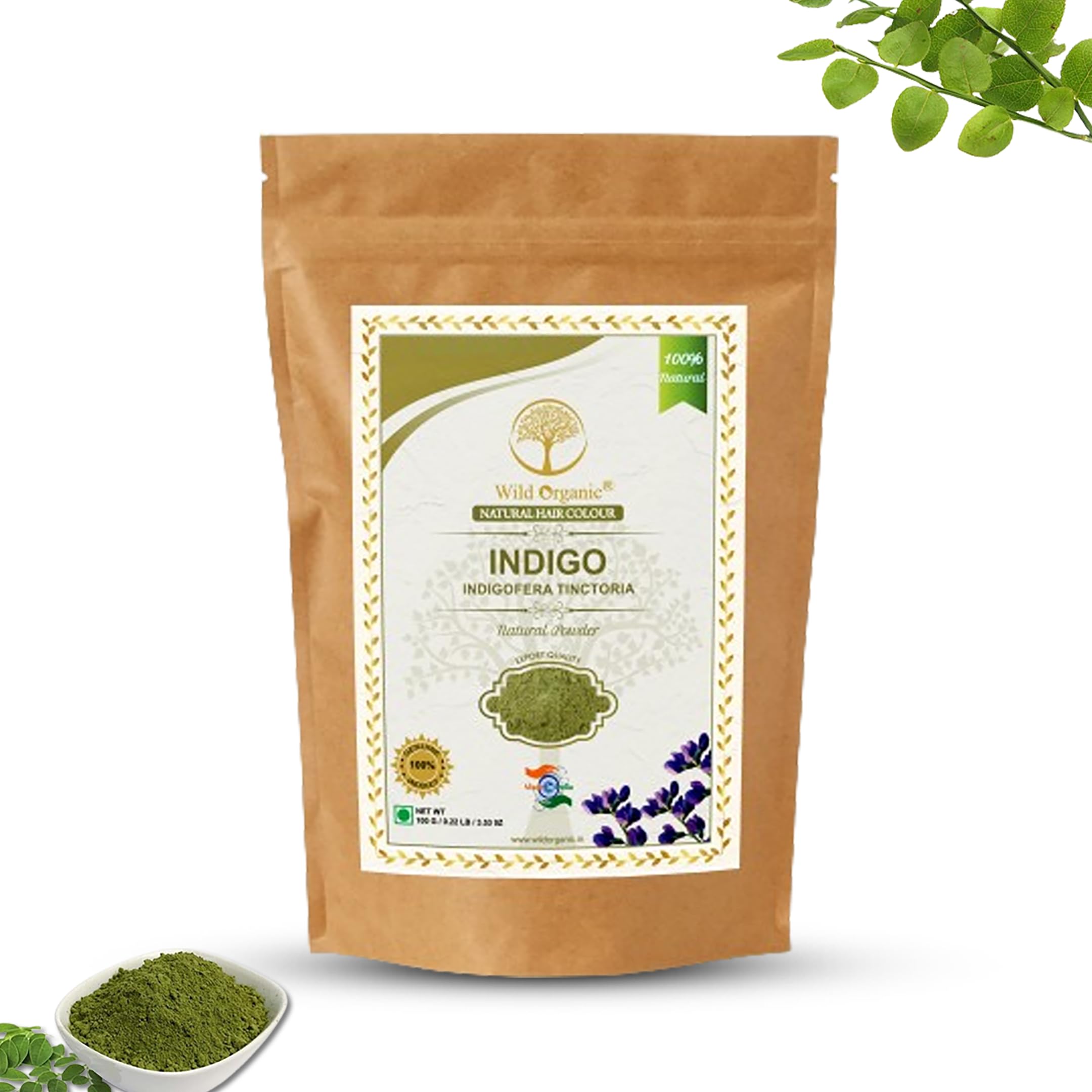 WILD ORGANIC Indigo (Indigofera Tinctoria) Powder - 100% Natural Hair Dye for All Hair Types (100g) | Safe Chemical-Free Hair Coloring for Gray Coverage & Conditioning Treatment
