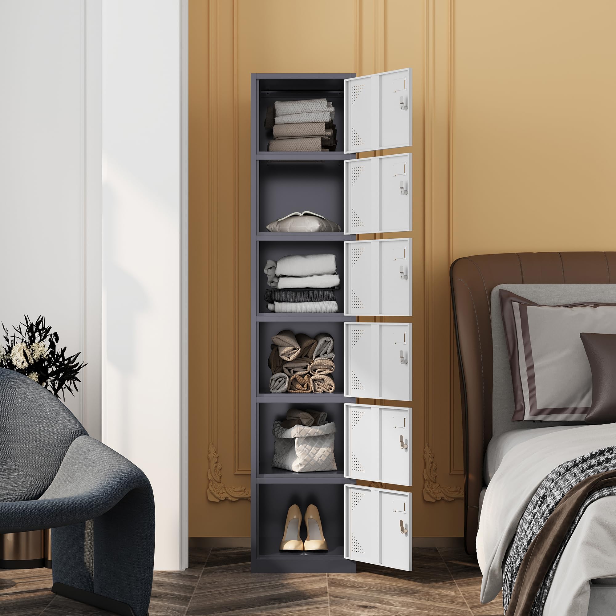 Lockable Metal Storage Lockers with Keys - 6 Door Steel Cabinet for Office, Gym, School & Home (Grey-White) - Secure Employee & Personal Belongings Storage Solution