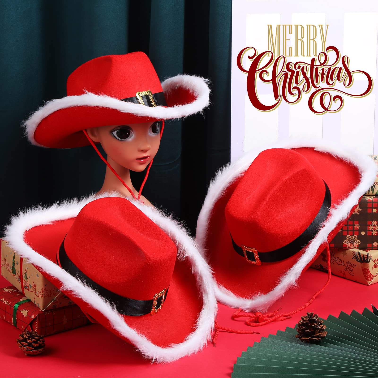 Boyiee 3-Piece Santa Christmas Cowboy Hat Set - Unisex Western Hats for Men & Women - Perfect for Holiday Parties, Festive Costumes & Christmas Photo Props