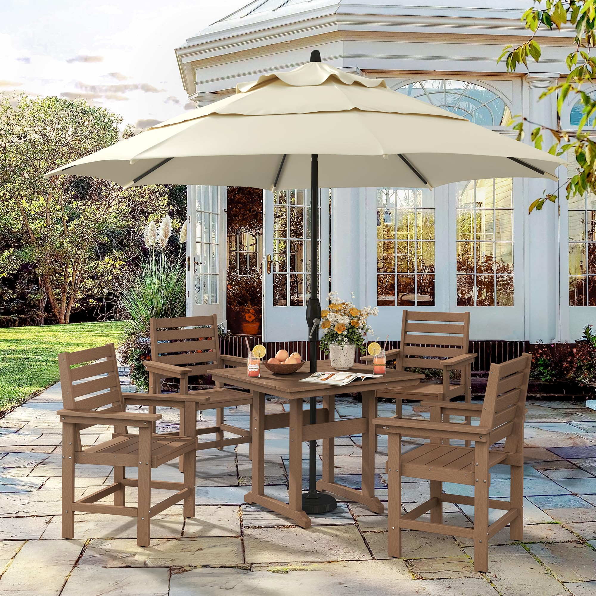 5-Piece Outdoor Patio Dining Set - HDPE Weather-Resistant Square Table with 4 Chairs & Umbrella Hole - Light Brown Balcony Furniture for Garden, Backyard & Poolside Relaxation