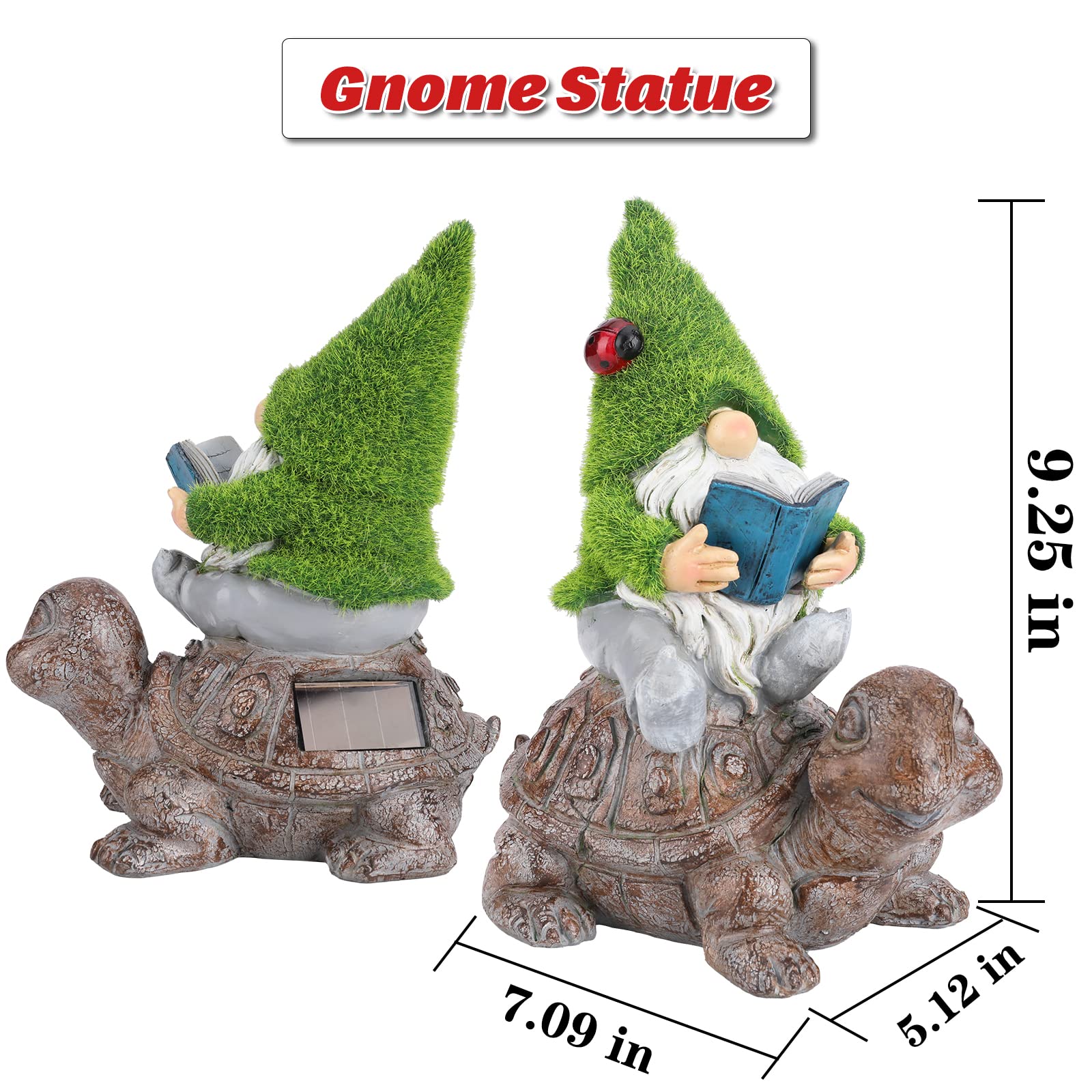 Solar-Powered Garden Gnome Sitting on Turtle Statue - Outdoor Decor with LED Lights for Patio, Yard, Lawn & Porch - Perfect for Fairy Gardens & Landscape Decoration