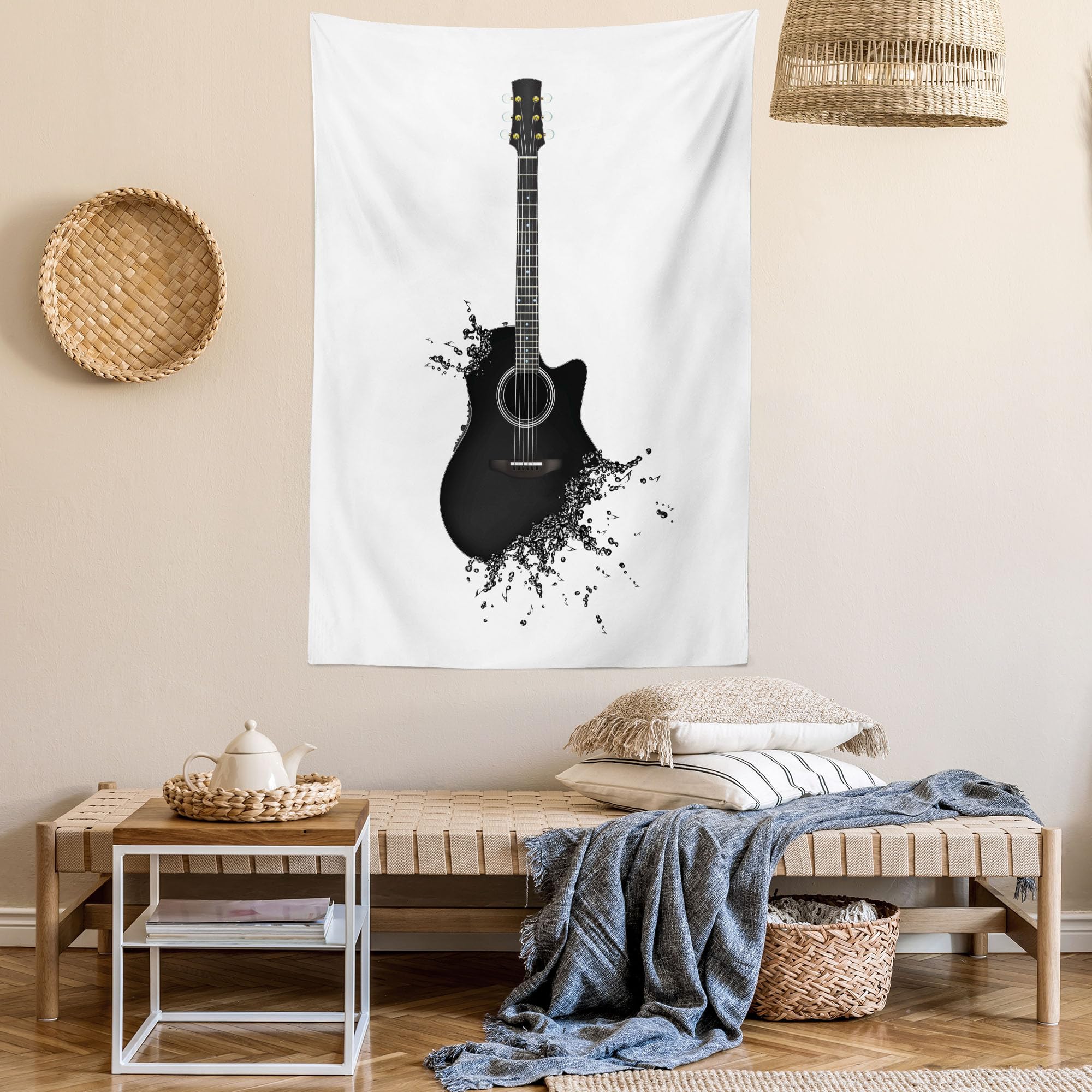 Ambesonne Guitar Wall Tapestry - 40x60 Inch Black & White Acoustic Instrument Art with String Details | Modern Music Themed Decor for Bedroom, Living Room, Dorm | Perfect for Musicians' Rooms, Studio Backdrops & Concert Theme Parties