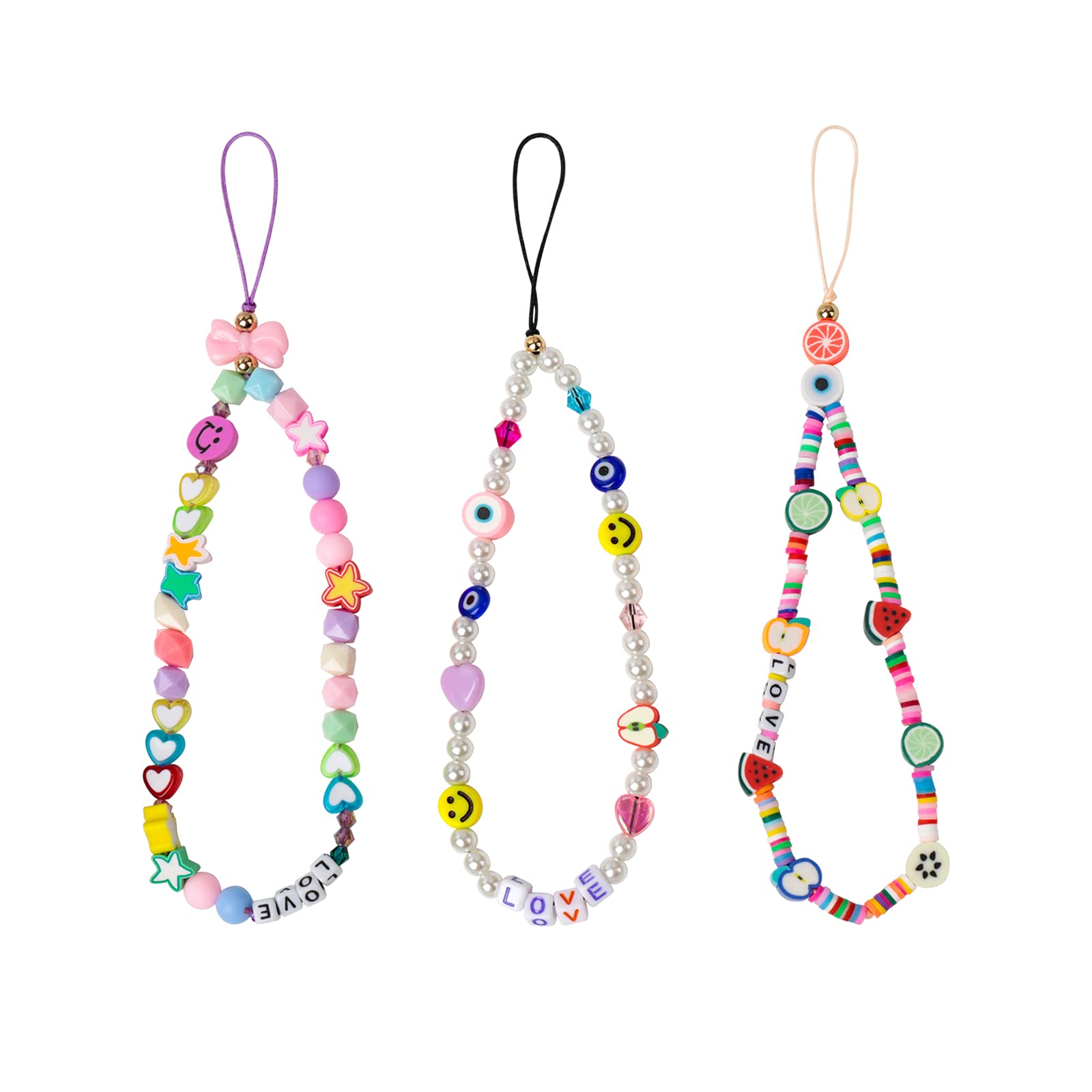 3-Piece Handmade Rainbow Polymer Clay & Acrylic Beads Phone Lanyard Set - Smile Face, Fruit, Star & Pearl Charms Wrist Strap Keychain for Women | Perfect for Phone, Keys, ID Badge & Work Accessories