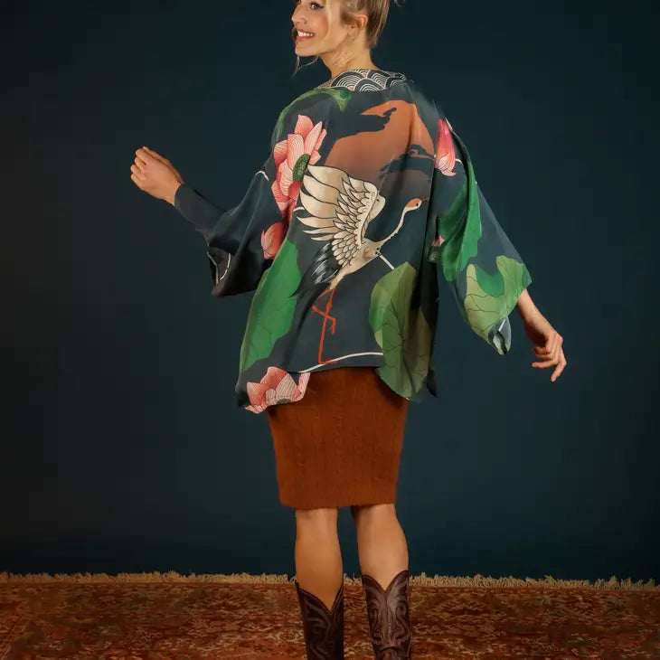 Elegant Crane At Sunrise Kimono Jacket - Japanese Floral Print Lightweight Cover Up for Women | Perfect for Beach, Yoga, and Summer Outfits