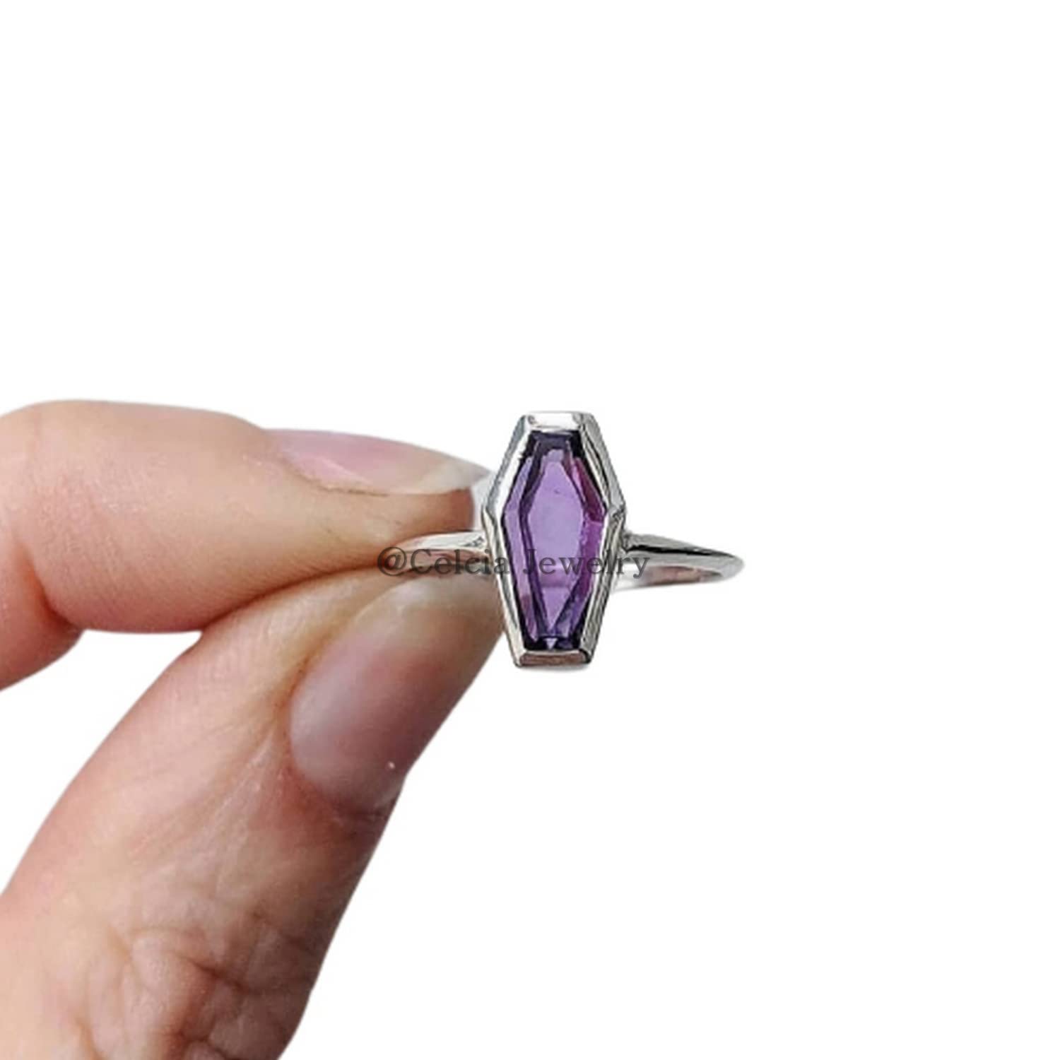 Handmade Amethyst Purple Gemstone Coffin Ring for Women - February Birthstone Jewelry, Statement Ethnic Ring, Unique Gift for Wife, Mom, Anniversary & Birthday - Size 7 - Perfect for Boho Fashion, Special Occasions & Everyday Elegance