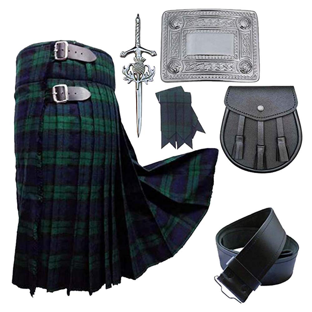 Authentic Scottish Men's Highland Kilts 6-Piece Kilt Outfit Set - Tartan Skirt, Sporran, Sgian Dubh & Accessories for Weddings, Renaissance Fairs & Celtic Events