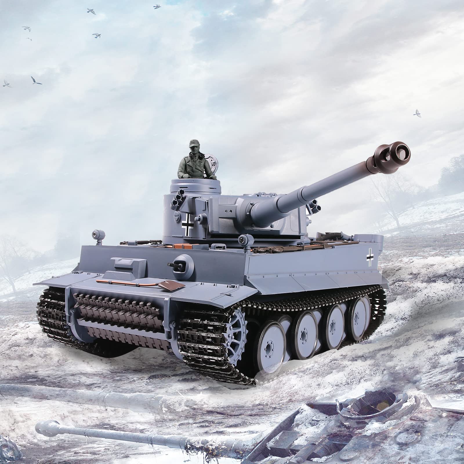 Heng Long 1:16 Scale German Tiger I Gray RC Tank - 2.4GHz Remote Control Military Vehicle with 320° Rotating Turret - Collectible Model Tank for Adults & Teens 14+ | Perfect for Military Enthusiasts, Collectors, and Battle Simulation Play