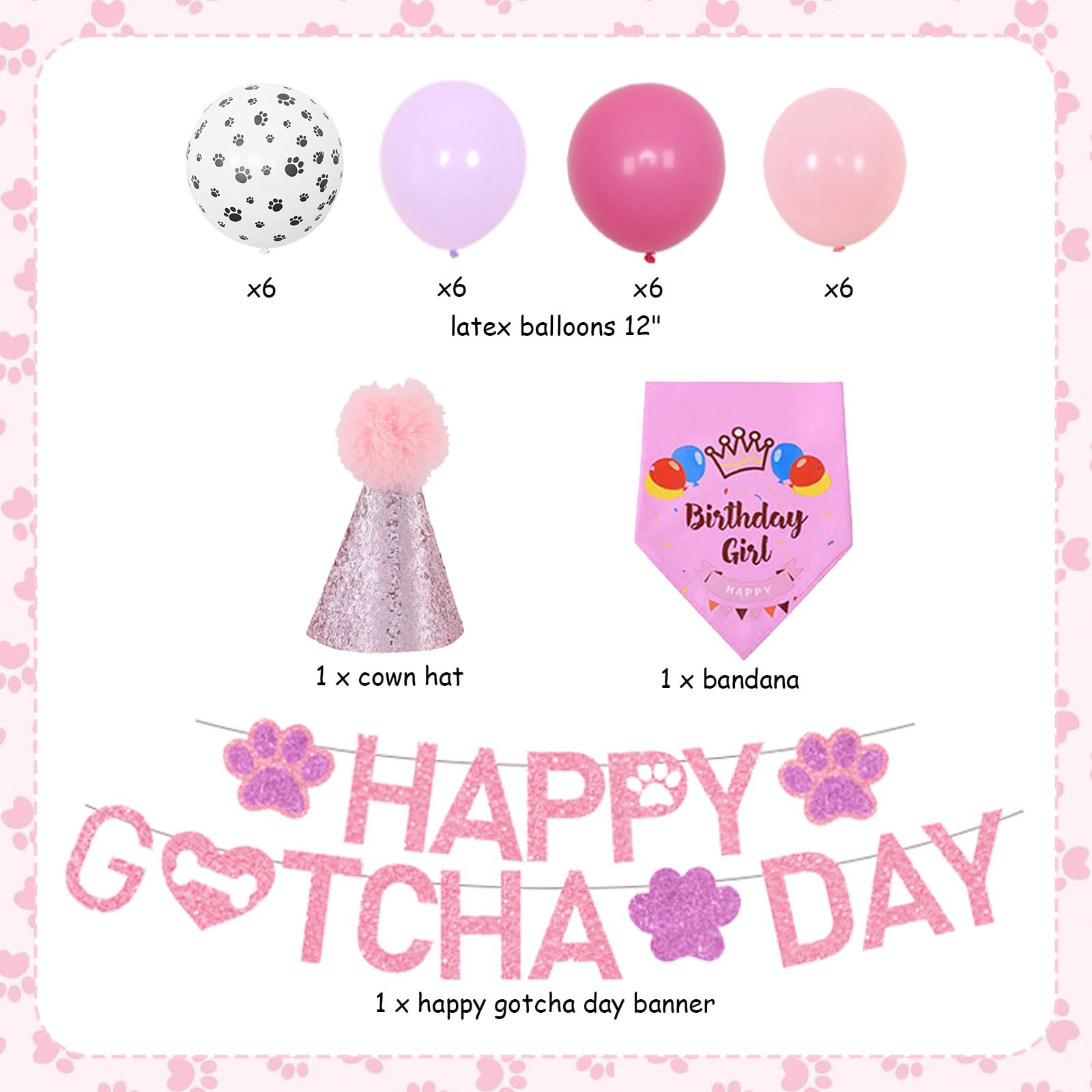 Happy Gotcha Day Decorations Set - Pink & Purple Pet Adoption Party Supplies with Banner, Bandana, Paw Balloons & Cone Hat for Dog Cat Birthday Celebration | Perfect for Adoption Anniversaries, Pet Parties & Special Memories