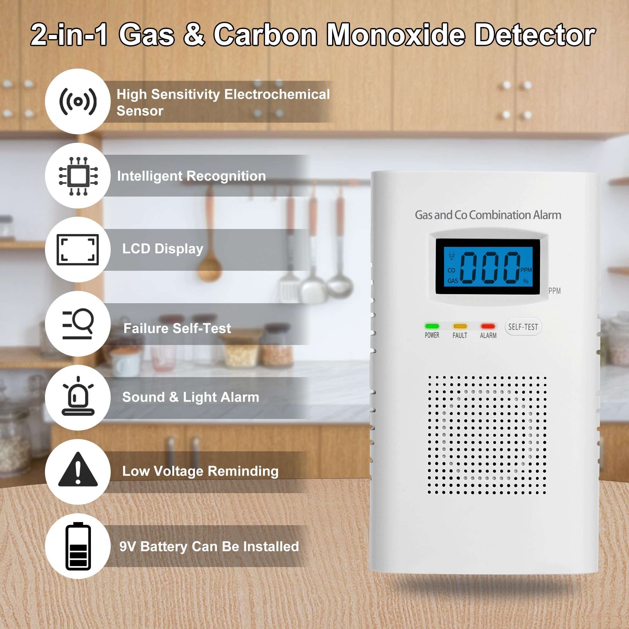 3-Pack Plug-in Carbon Monoxide & Natural Gas Detector Alarm with Digital Display - 2-in-1 CO & Combustible Gas Detector for Home Safety, Easy Installation - Perfect for Bedrooms, Kitchens & Basements