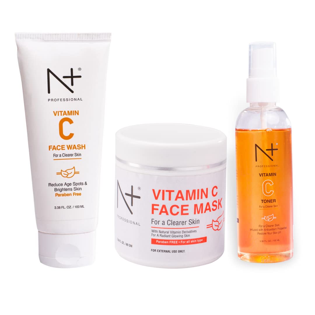 N Plus Professional Vitamin C Skincare Set - Brightening Facial Kit with Vitamin C Face Wash (100ml), Toner (100ml) & Mask (80g) for Glowing Skin | Anti-Aging, Dark Spot Treatment | Perfect for Daily Skincare Routine & Spa Night