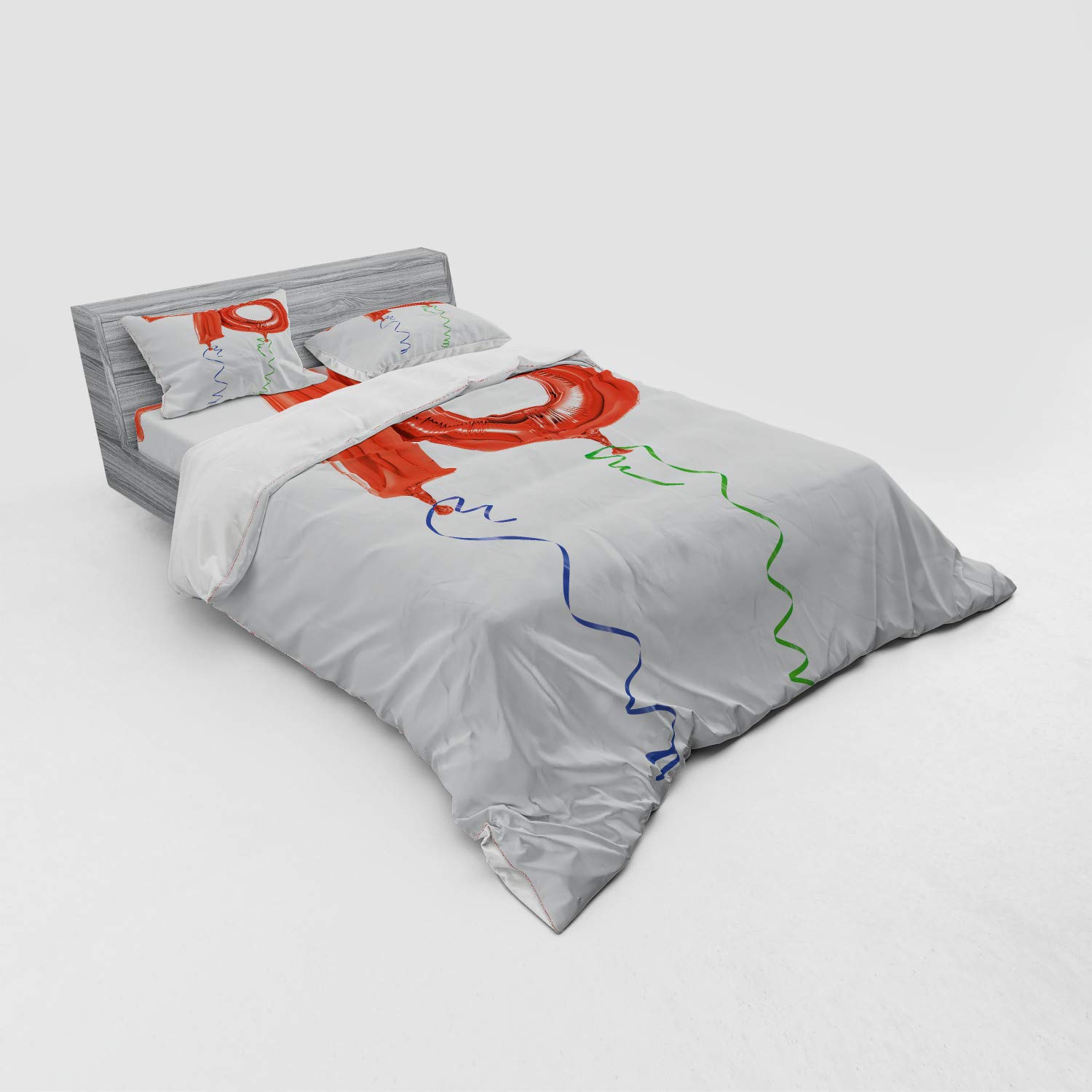 Ambesonne 70th Birthday Duvet Cover Set - Queen Size 4-Piece Bedding with Pillow Shams & Fitted Sheet - Vibrant Orange, Green & Blue Balloon Party Design - Perfect for Birthday Celebrations & Guest Room Decor