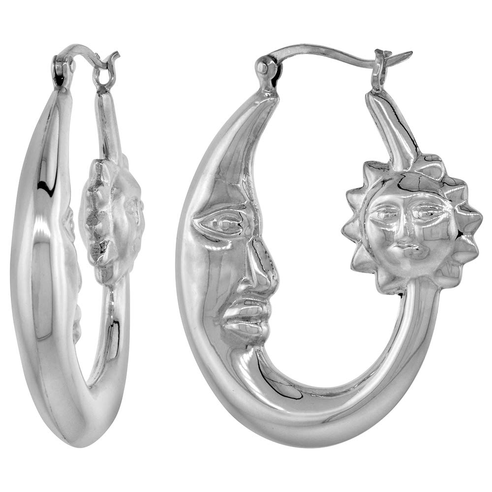 2 Sizes Sterling Silver Creole Man in the Moon Hoop Earrings for Women | High Polished Sun Click Top | Perfect for Parties, Date Nights & Everyday Wear