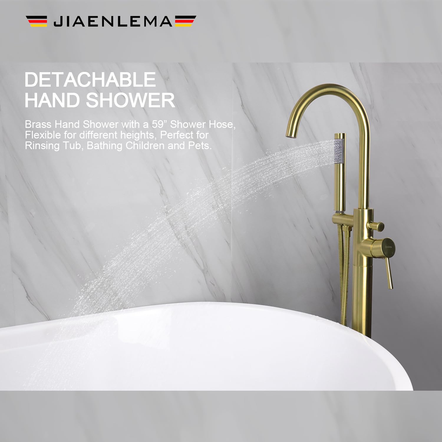 Freestanding Bathtub Faucet Brushed Gold - High Flow Brass Tub Filler with Hand Shower & Sprayer, Single Handle Floor Mount Faucet with Diverter for Luxury Bathroom & Spa Experience - JIAENLEMA