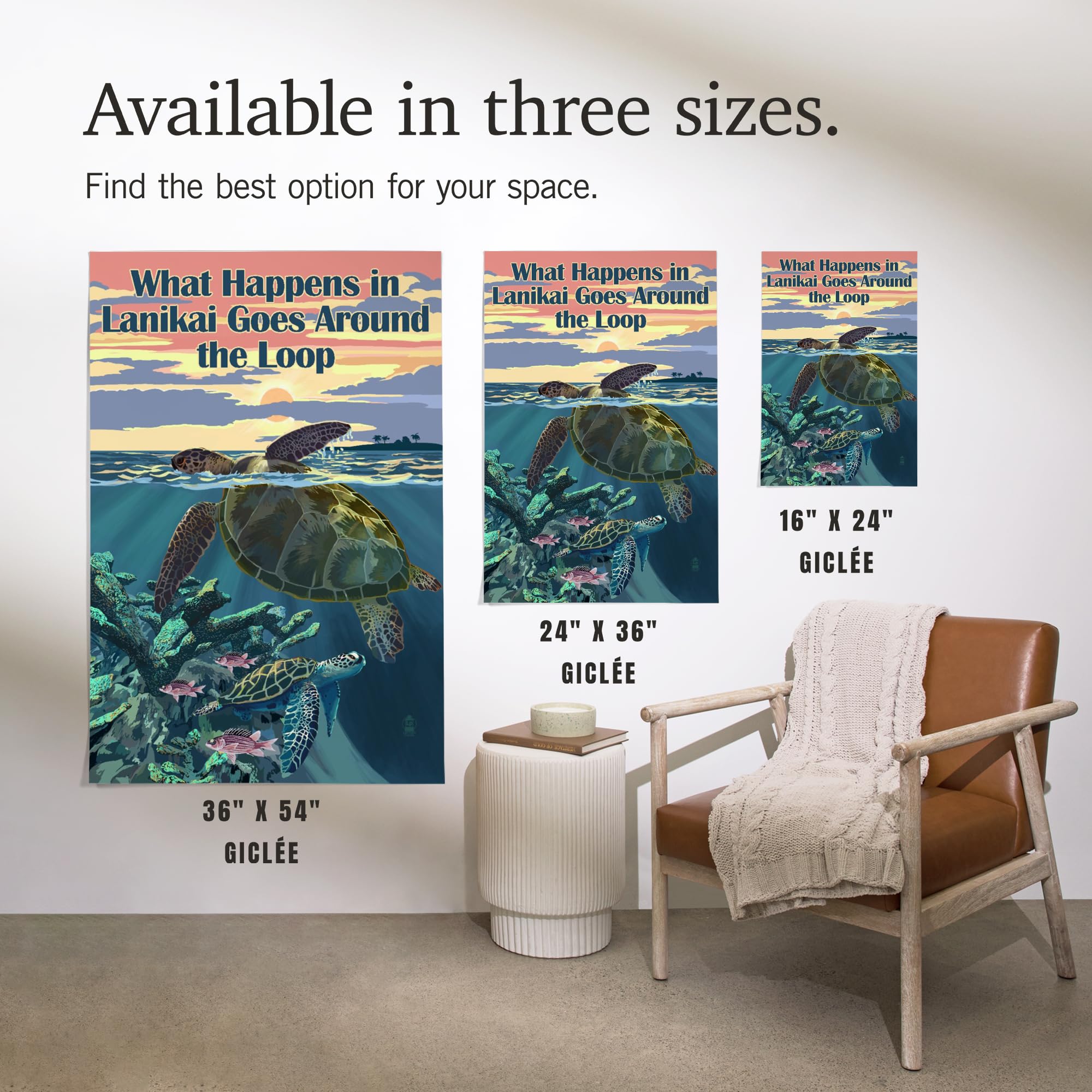 Lantern Press 36x54 Inch Giclee Art Print - Hawaii Sunset with Sea Turtles 'What Happens in Lanikai Goes Around the Loop' - Premium Wall Decor for Living Room, Bedroom & Office