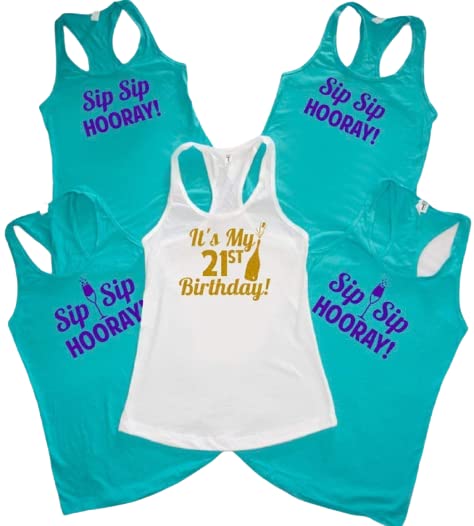 21st Birthday Shirt - Sip Sip Hooray Party Tank Top - Custom Birthday Friend Tee for Women & Men - Perfect for 21st Birthday Celebrations, Girls Night Out & Bachelorette Parties