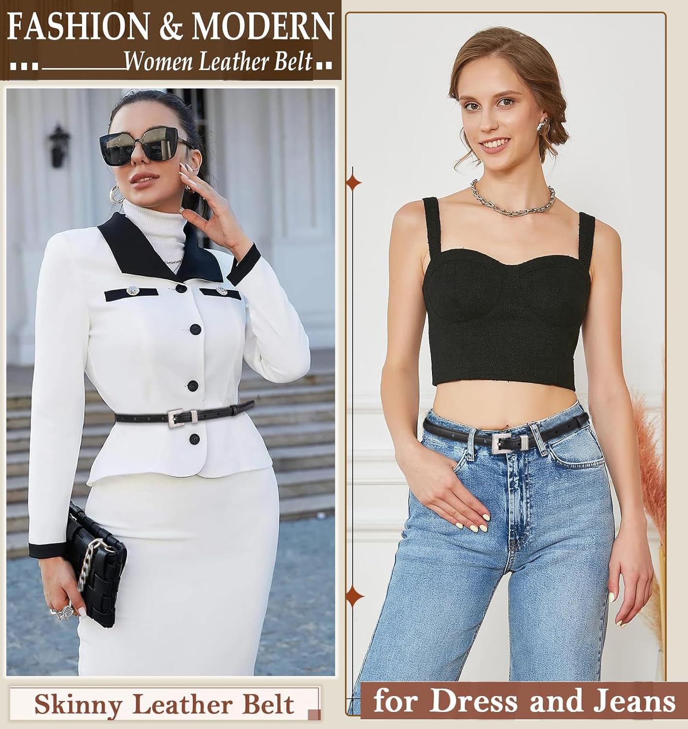 ALAIX Women's Skinny Leather Belt - Thin Black Leather Belt with Gold/Silver Buckle for Jeans, Pants & Dresses | Stylish Waist Accessory for Casual & Formal Outfits