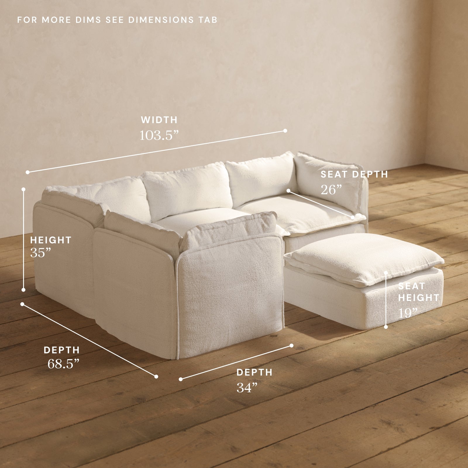 Modular Performance 4-Seater Corner Sectional Sofa with Ottoman in Mousse Fabric | Luxury Blend Sofa Set for Living Room, Lounge & Family Room