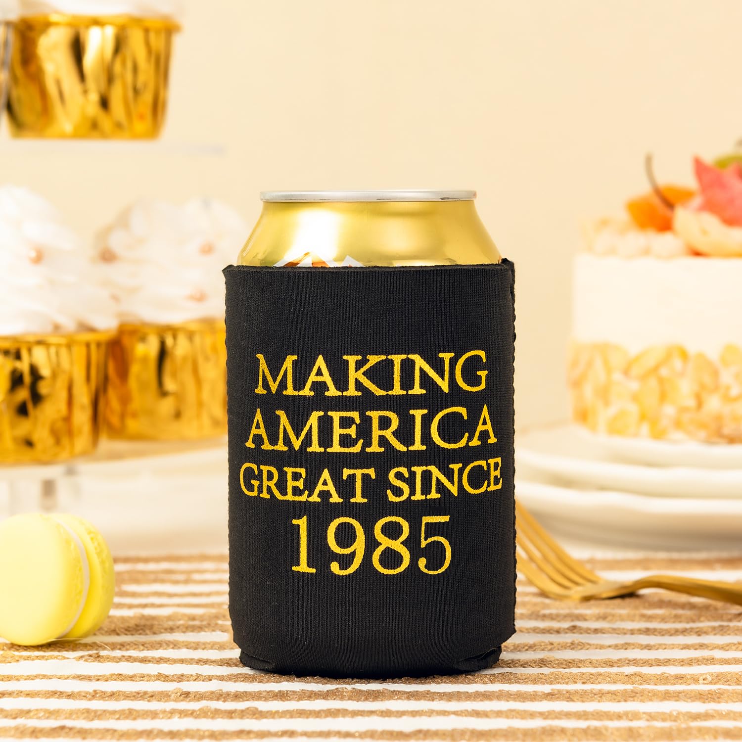 40th Birthday Beer Sleeve Can Cooler - Insulated Neoprene Can Covers for Beer & Soda (24 Pack, Black & Gold) - Perfect for 1985 Birth Year Parties, Tailgating & Outdoor Events