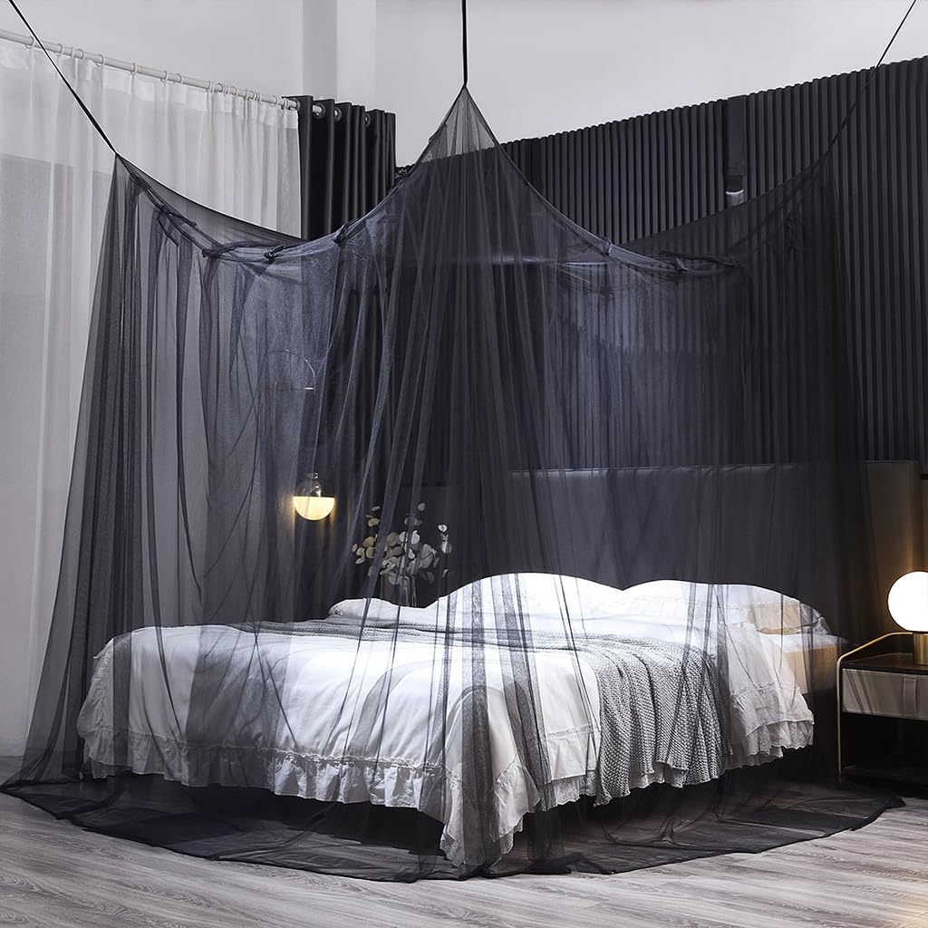 Luxury 4 Corner Post Mosquito Net with Dustproof Top Cover - Queen Size Bed Canopy for Adults & Teens (Black) | Perfect for Bedroom Decor, Romantic Nights & Allergy Protection