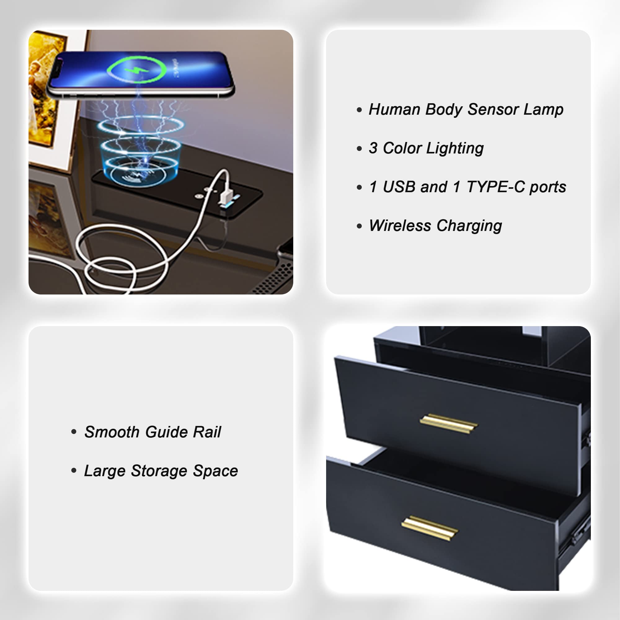 HNEBC Modern LED Nightstand with Wireless Charging & USB Ports - High Gloss Bedside Table with 2 Drawers, Floating Design, 3-Color Adjustable LED Light Strip for Bedroom, Living Room, or Office