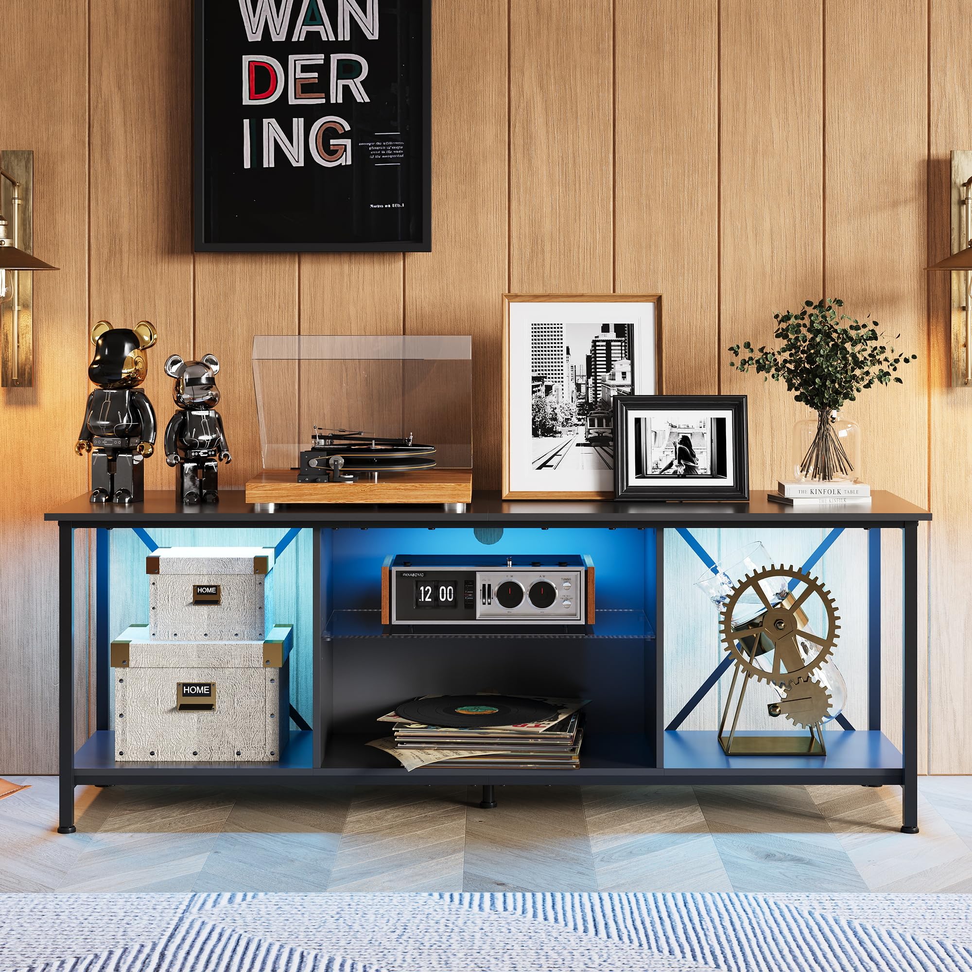 WLIVE 65 Inch TV Stand with LED Lights, Industrial TV Console with Glass Shelves for Living Room & Bedroom - Black | Perfect for Modern Home Entertainment & Gaming Setup