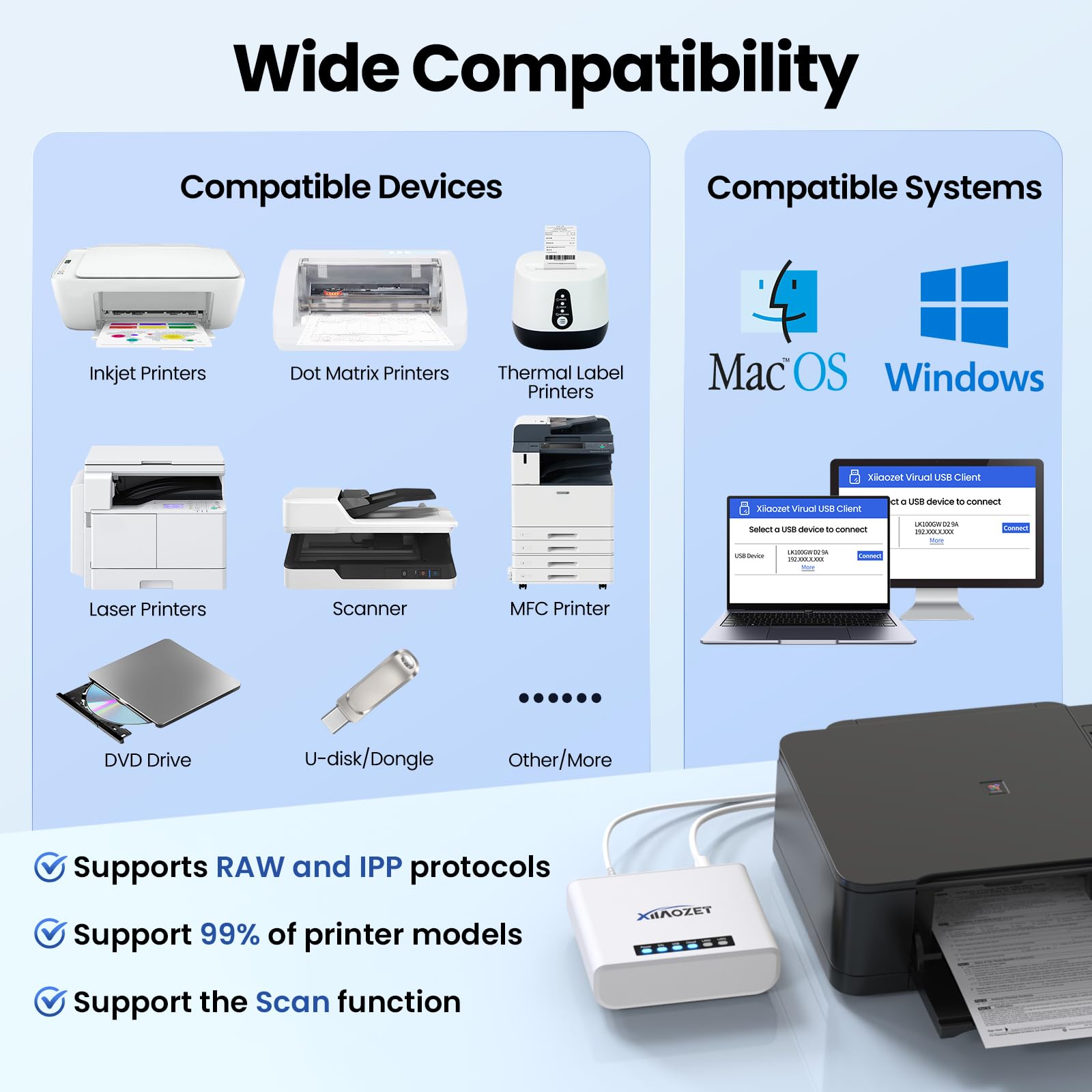 LK100EW Wireless USB & Print Server - Share USB Devices (Printer/Scanner) Over LAN via Ethernet/WiFi - Easy Setup for Home & Office Networking