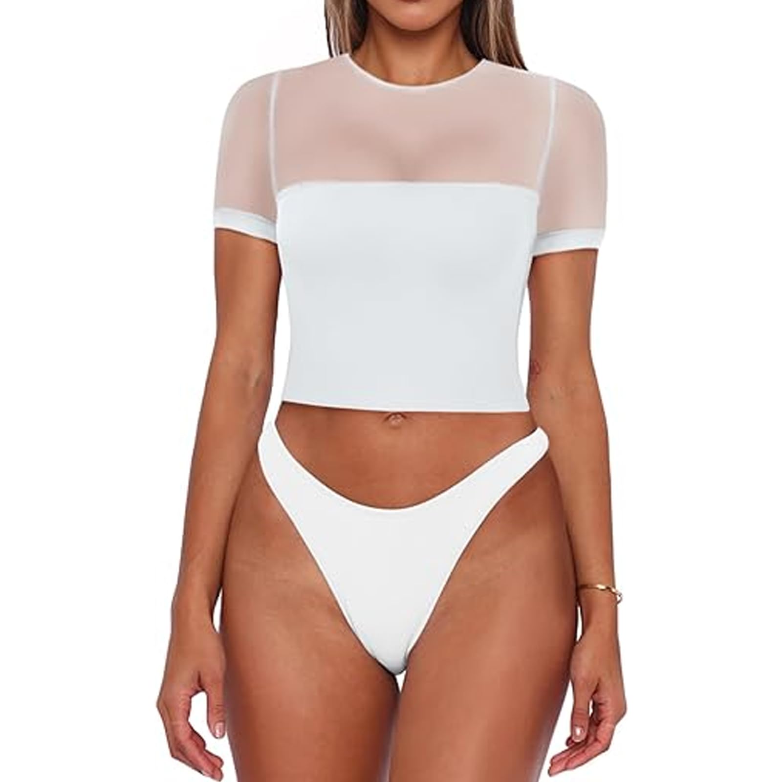 Y2K Women's Sexy Sheer Mesh Crop Top - Short Sleeve Crew Neck Slim Fit T-Shirt for Summer | Streetwear Fashion | Perfect for Clubbing, Parties & Night Out