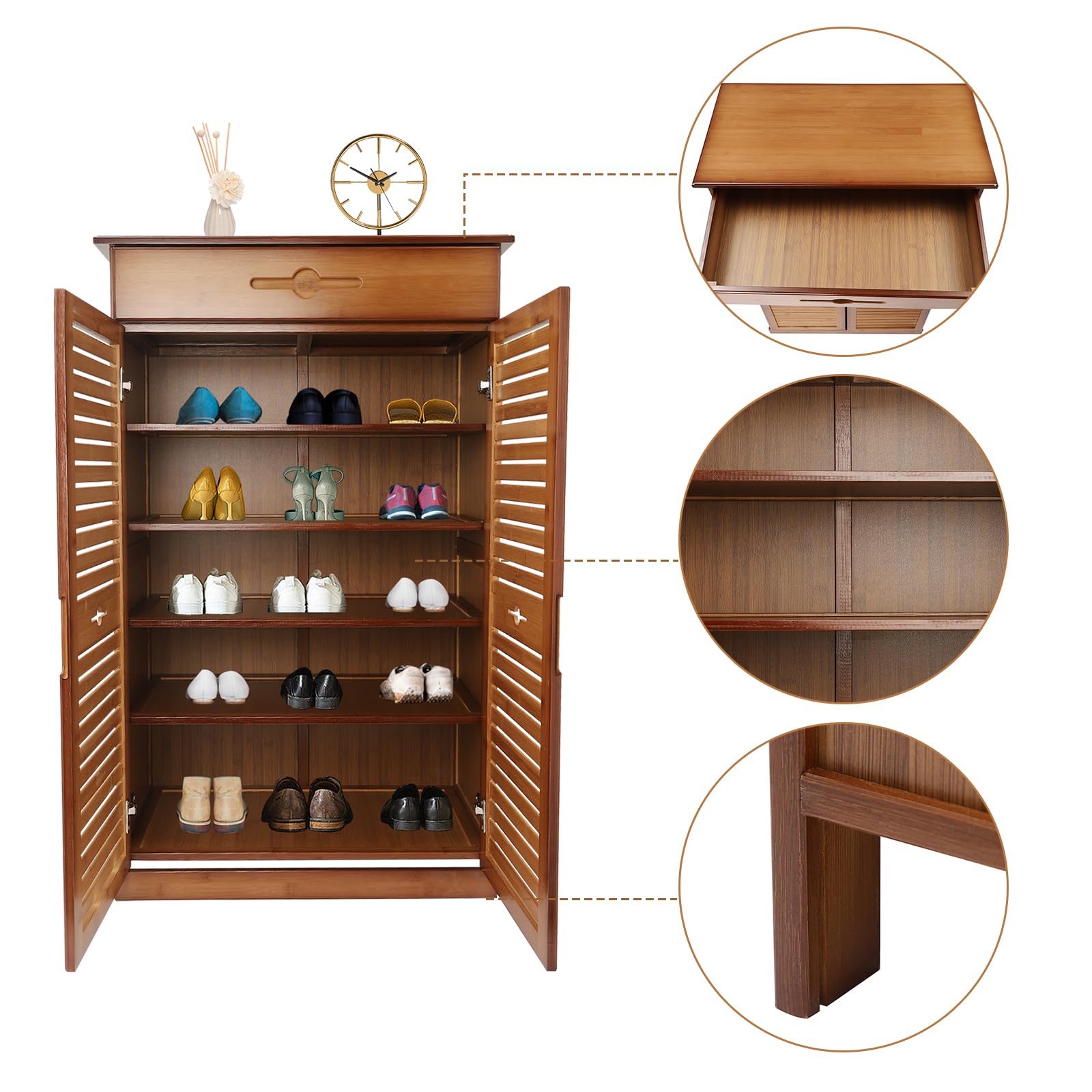 5-Tier Bamboo Shoe Storage Cabinet with Drawer & Adjustable Shelves - Space Saving Shoe Organizer Rack for Hallway, Bedroom, Living Room, Entryway & Dorm - Perfect for Small Spaces & Closet Organization