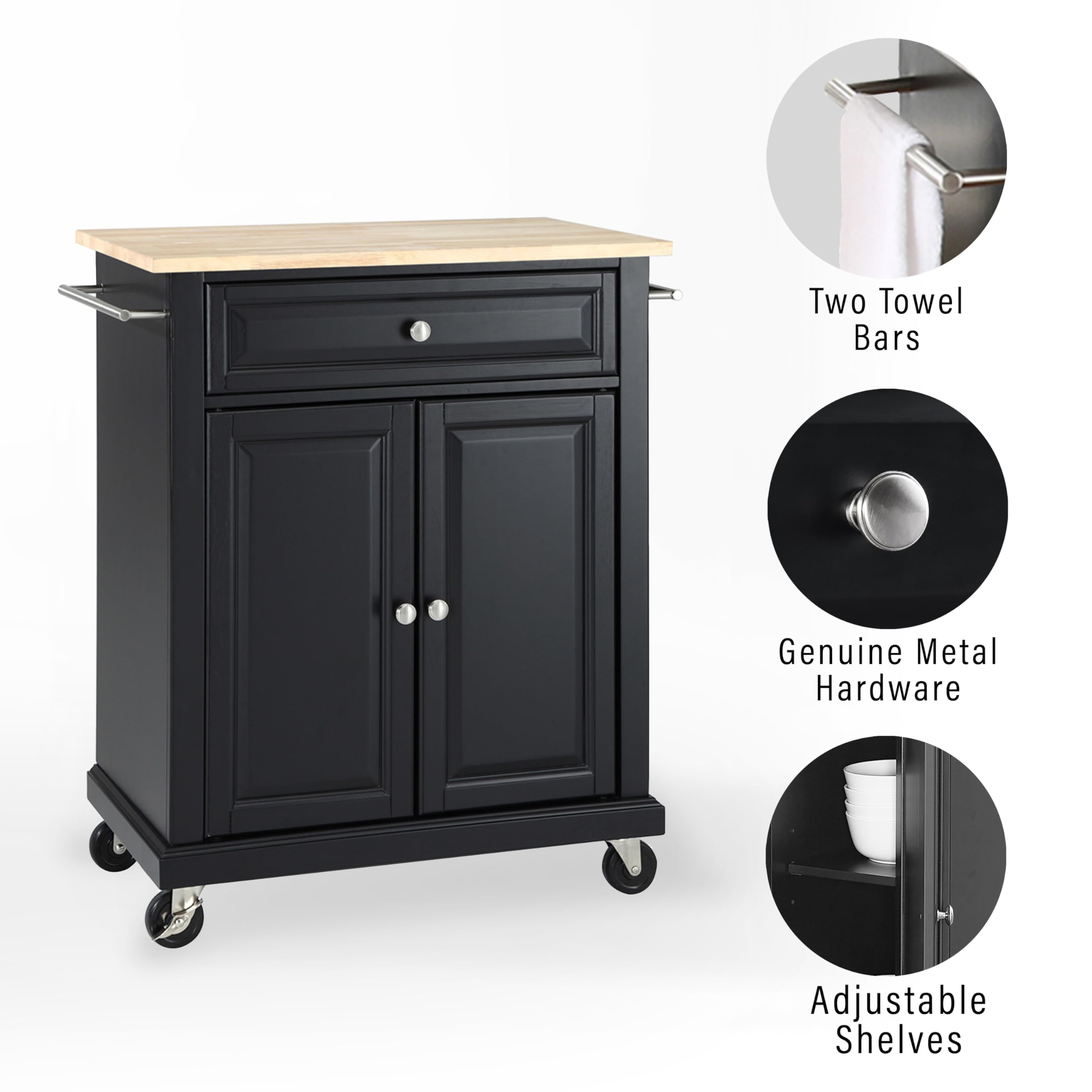 Crosley Compact Wood Top Rolling Cart with Shelves - Microwave Stand, Towel Rack, Small Kitchen Cart - Perfect for Dorm, Apartment & Small Space Organization (Black)