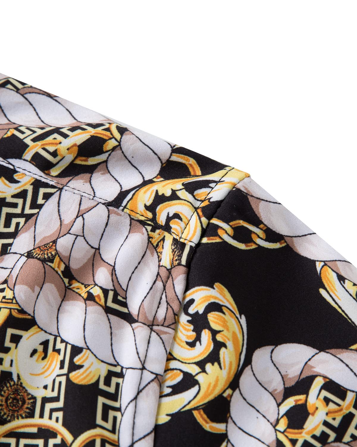 Luxury Men's Black & Gold Baroque Print Short Sleeve Dress Shirt - Chain Design Button Down Casual Shirt for Party, Wedding & Formal Events