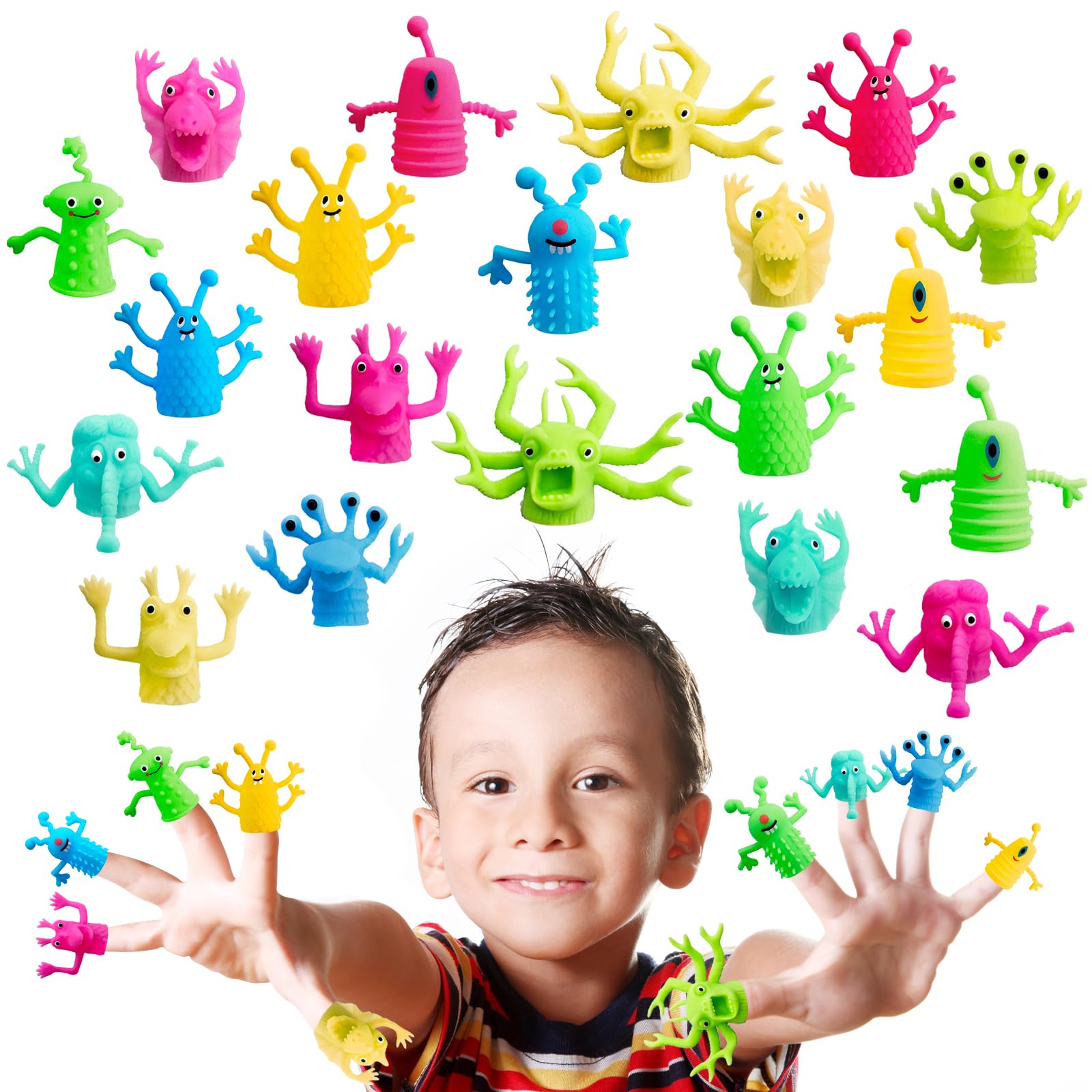 30pcs Mini Rubber Finger Puppets - Cute Monster Stretchy Fidget Toys for Kids, Party Favors, Birthday Gifts & Halloween Decorations - Random Colors - Perfect for Sensory Play, Classroom Rewards and Stress Relief