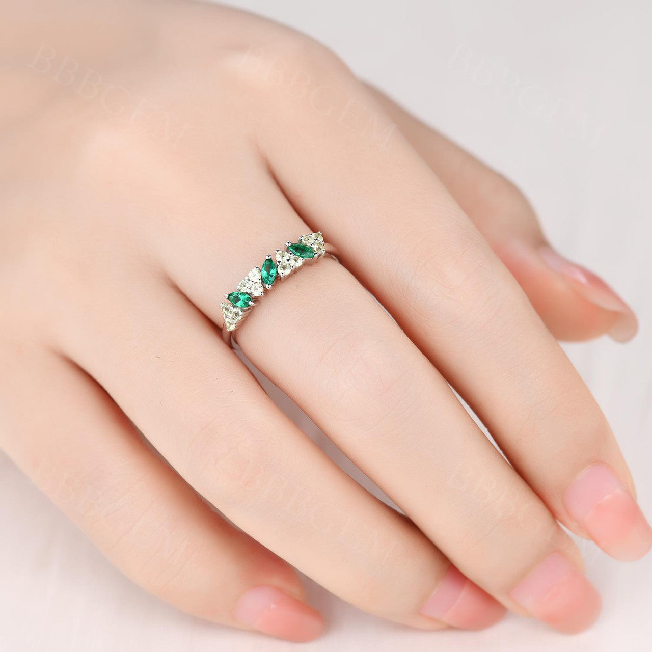 Stackable Marquise Emerald & Three Stone Peridot Wedding Ring - Promise Ring for Women, Dainty Everyday Band Jewelry (Perfect for Anniversaries, Engagements & Special Occasions)