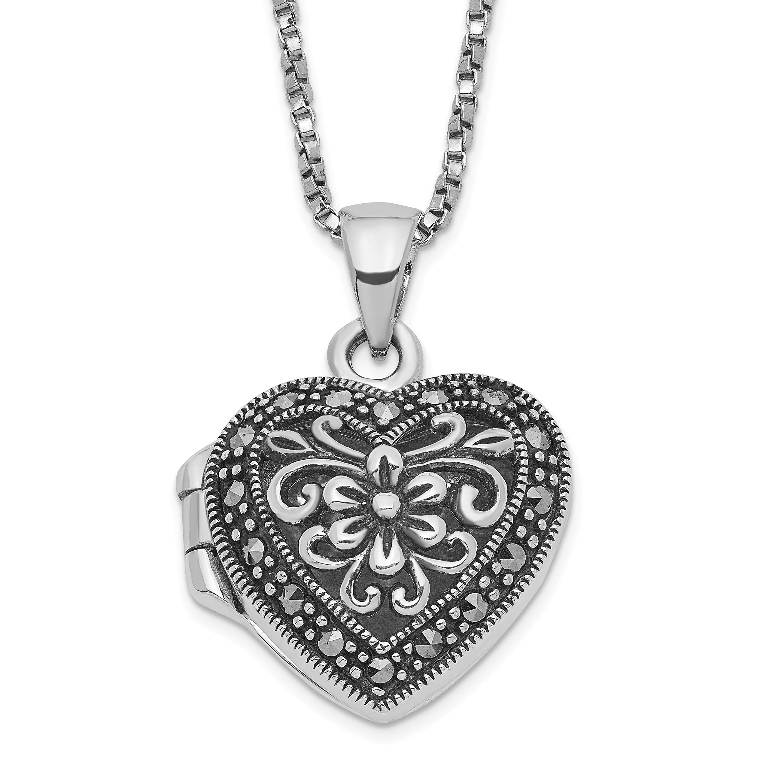 925 Sterling Silver Marcasite Heart Locket Necklace with 18 Inch Chain - Elegant Jewelry Gift for Women, Perfect for Valentine's Day, Anniversary & Special Occasions