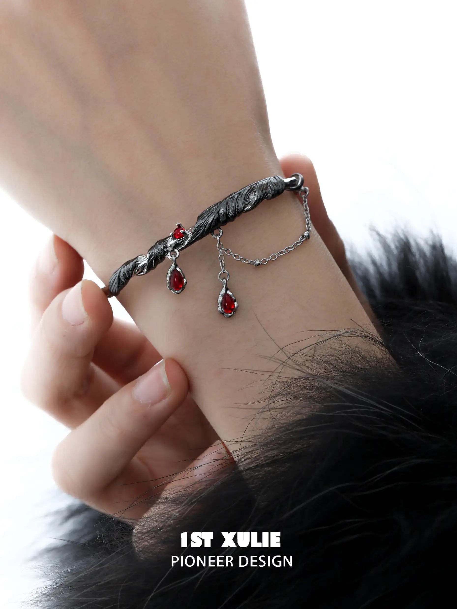 Lucifer Red Crystal 18K Black Gold Charm Bangle Bracelet for Women - Elegant Luxury Jewelry Gift for Anniversary, Birthday & Special Occasions