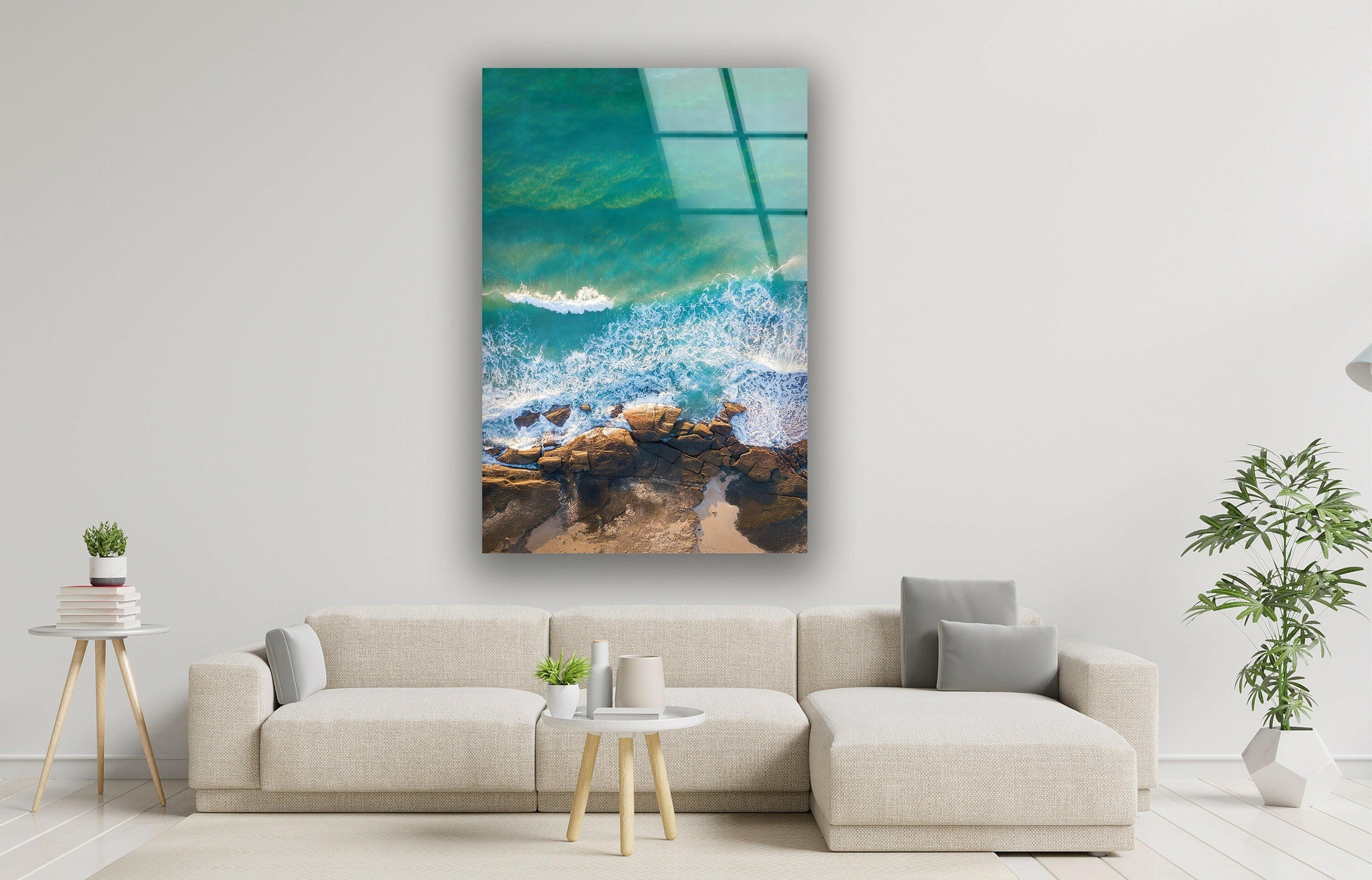 Blue Water with Rocks Glass Wall Art - Aerial Ocean Waves Landscape Print for Home & Office Decor | Perfect for Living Room, Bedroom, or Office Wall
