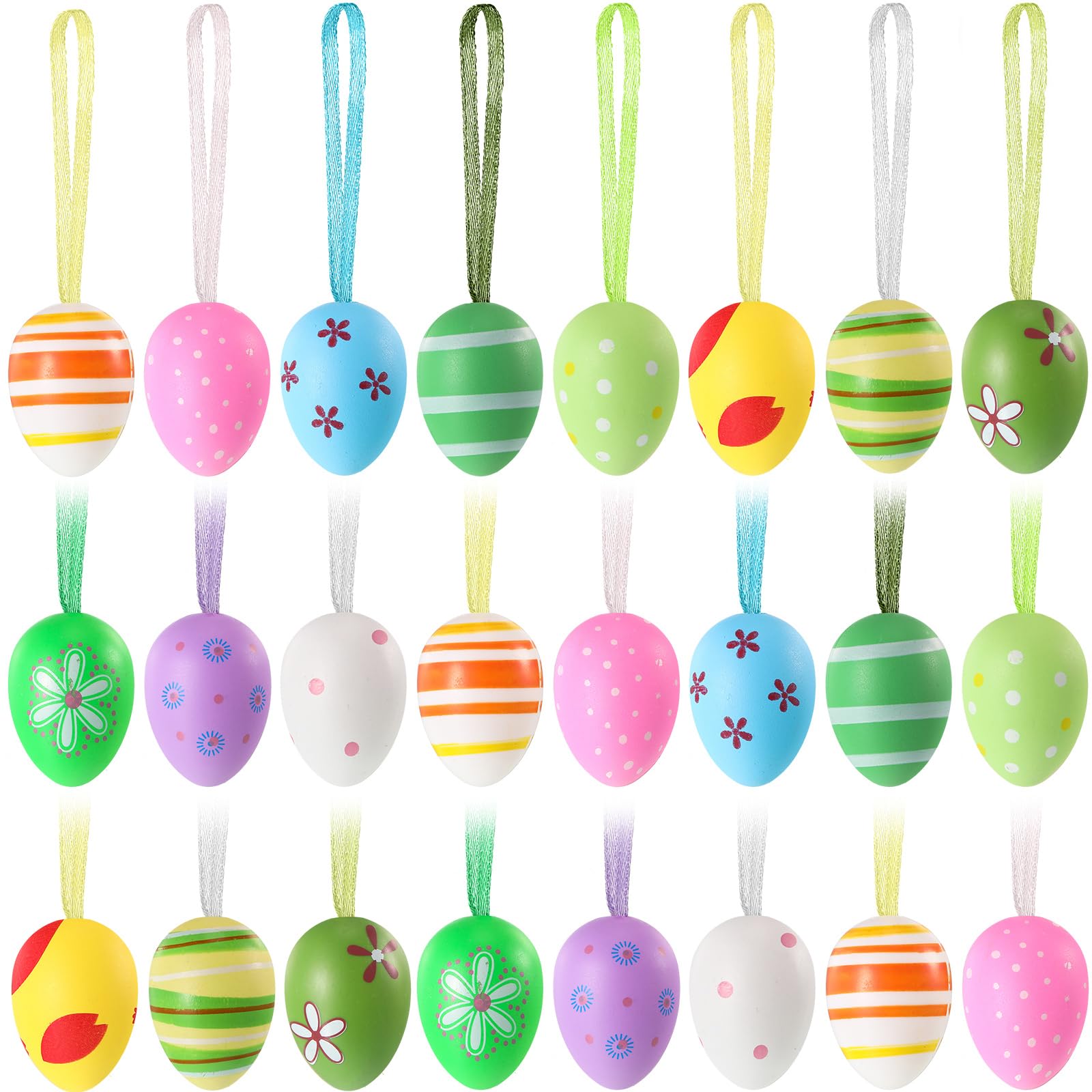 24-Piece Colorful Hand-Painted Easter Hanging Eggs - Plastic Easter Ornaments for Tree, Basket & Party Decorations - Perfect for Easter Celebrations, Home Decor & Spring Party Favors