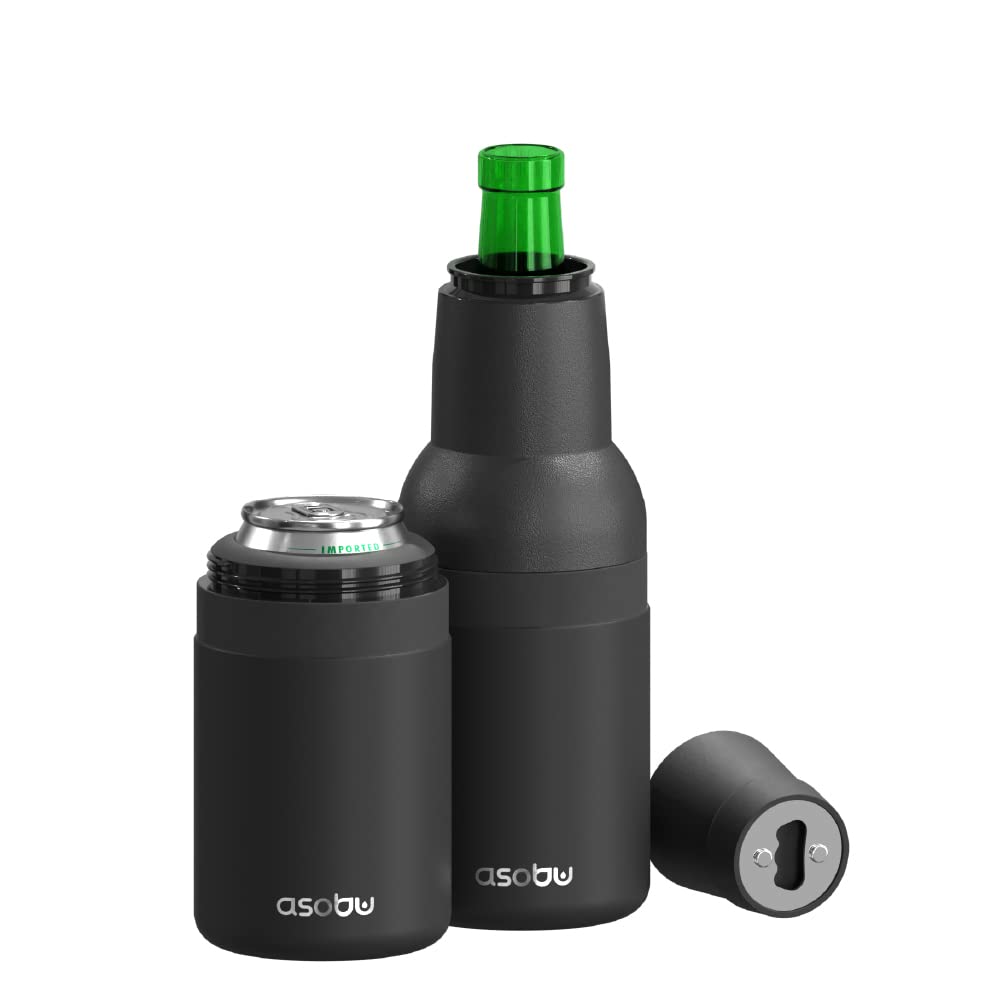 Asobu Frosty Beer Holder 2 Go - Vacuum Insulated Double Walled Stainless Steel Beer Can & Bottle Cooler with Built-in Opener - BPA Free, Eco-Friendly (Black) - Perfect for Camping, BBQs, Beach Parties & Outdoor Adventures