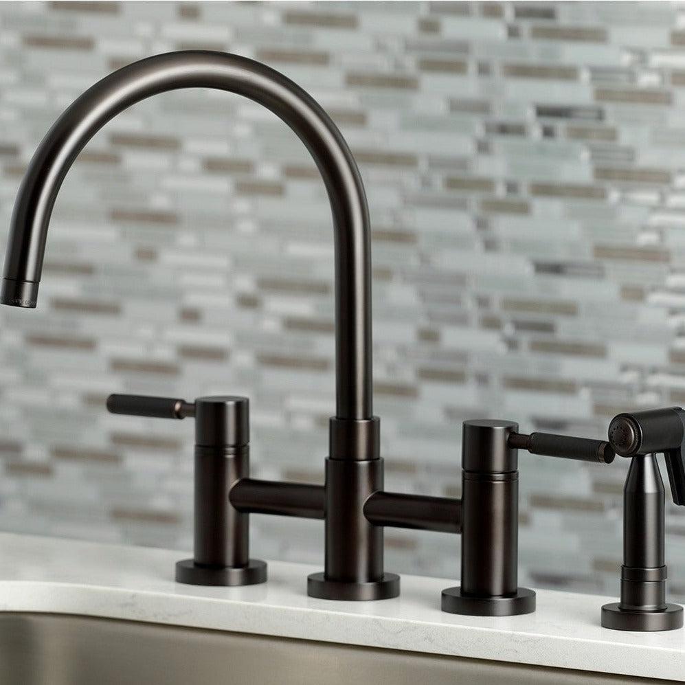 Kingston Brass KS8275DKLBS Oil Rubbed Bronze Two-Handle Bridge Kitchen Faucet with Side Sprayer - Perfect for Farmhouse & Traditional Style Kitchens
