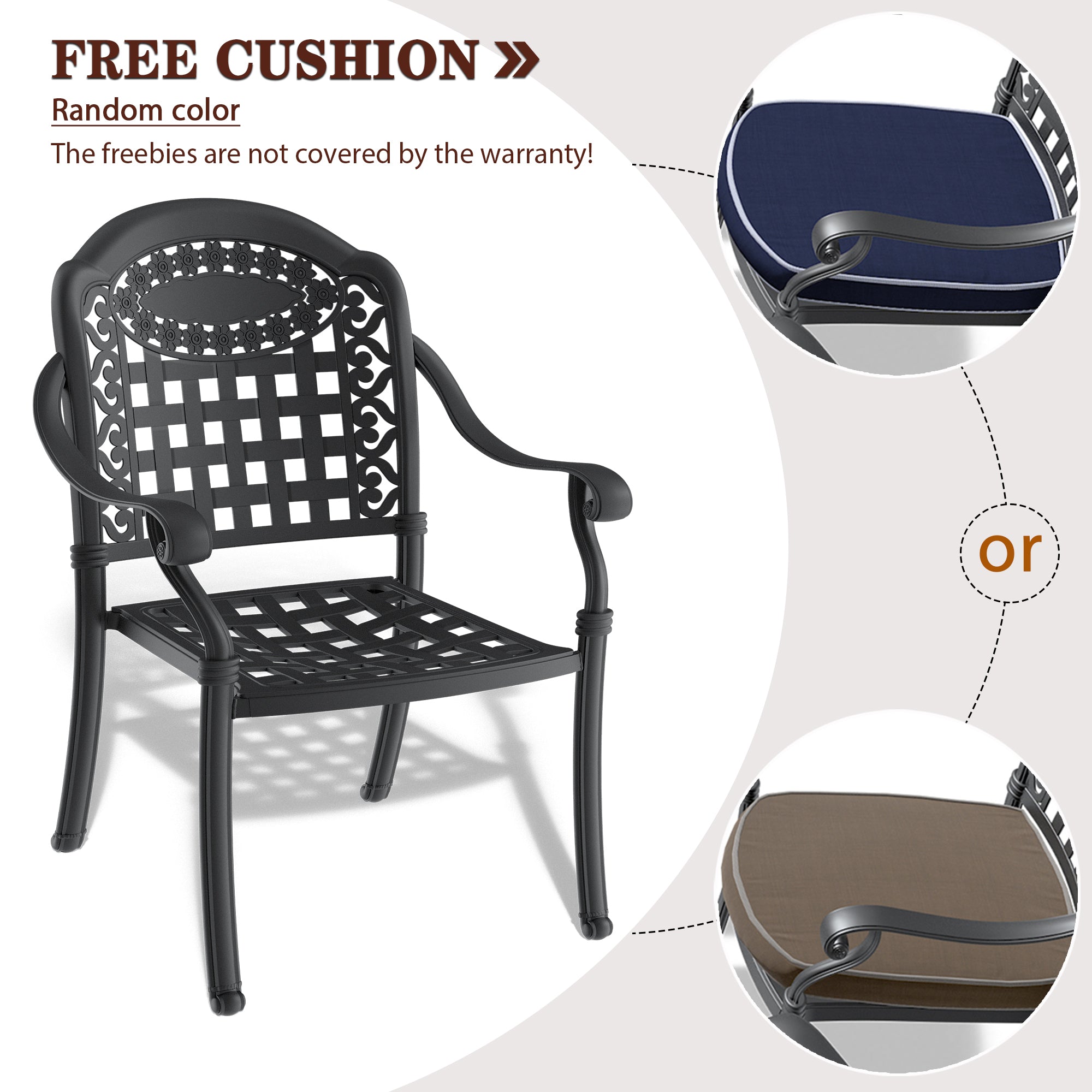 4-Piece Cast Aluminum Patio Dining Chair Set with Black Frame & Cushions - Outdoor Garden Furniture for Backyard, Poolside & Restaurant Use