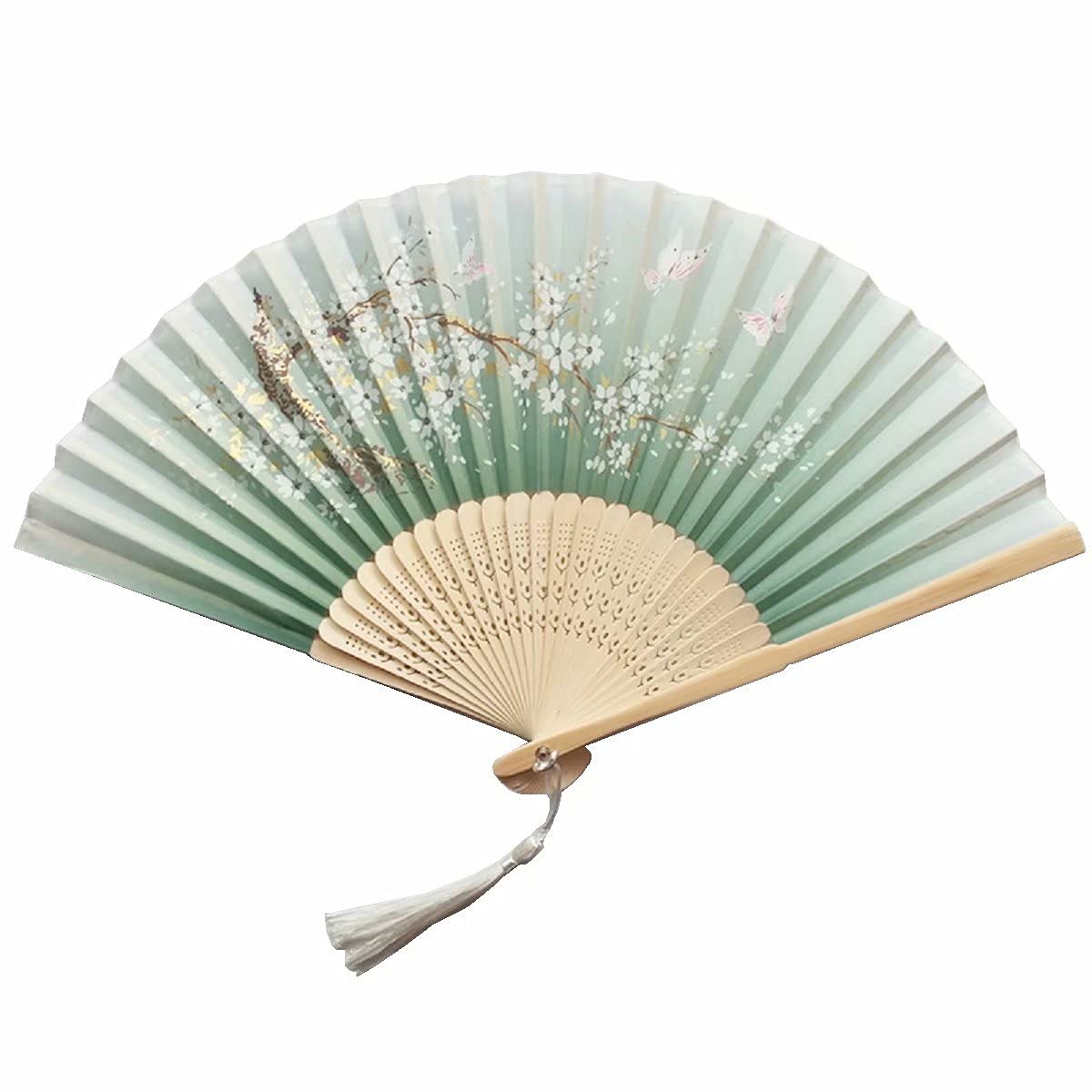 Handmade Custom Text Folding Fan - Green Silk Flower Fan with Bamboo Frame & Elegant Tassel - Baby Shower, Wedding, Birthday Party Gift - Perfect for Bridal Accessories, Photo Props & Summer Cooling