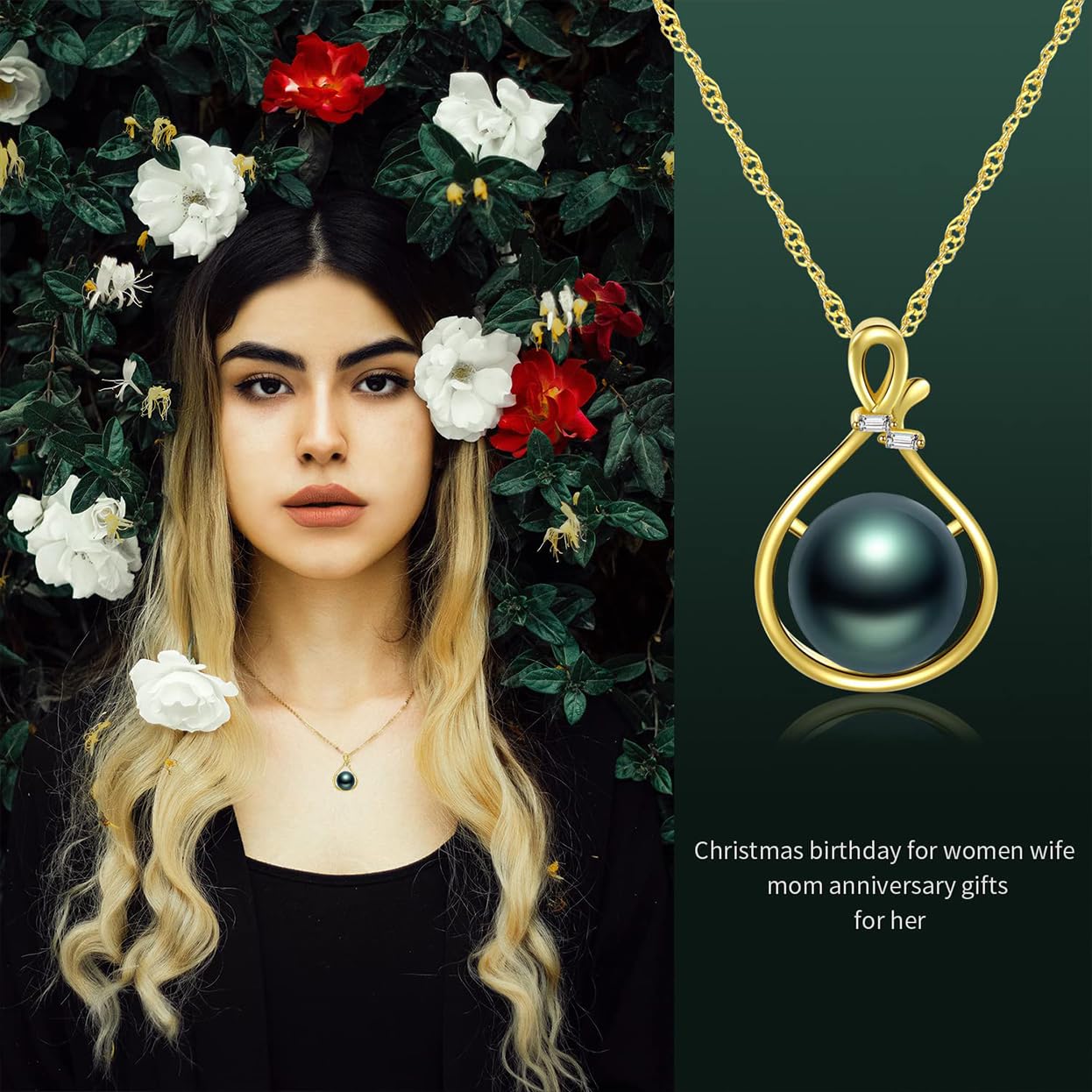 Tahitian Black Pearl Necklace for Women - 18K Gold Plated Sterling Silver Pearl Pendant - Elegant Gift for Wife, Mom, Girlfriend - Perfect for Wedding, Birthday, Anniversary, Mother's Day, Valentine's Day & Christmas - Luxury Jewelry for Special Occasions & Evening Events