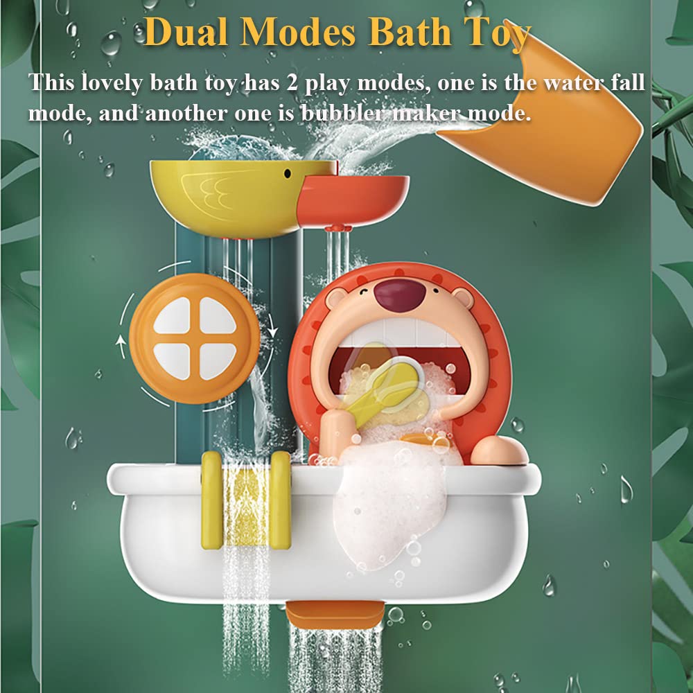 Fun Lion Bubble Maker & Waterfall Bath Toy - Dual Mode Bathtub Toy with Water Wheel & Bubble Blower for Kids - Perfect for Bath Time Fun, Sensory Play & Teeth Brushing Encouragement