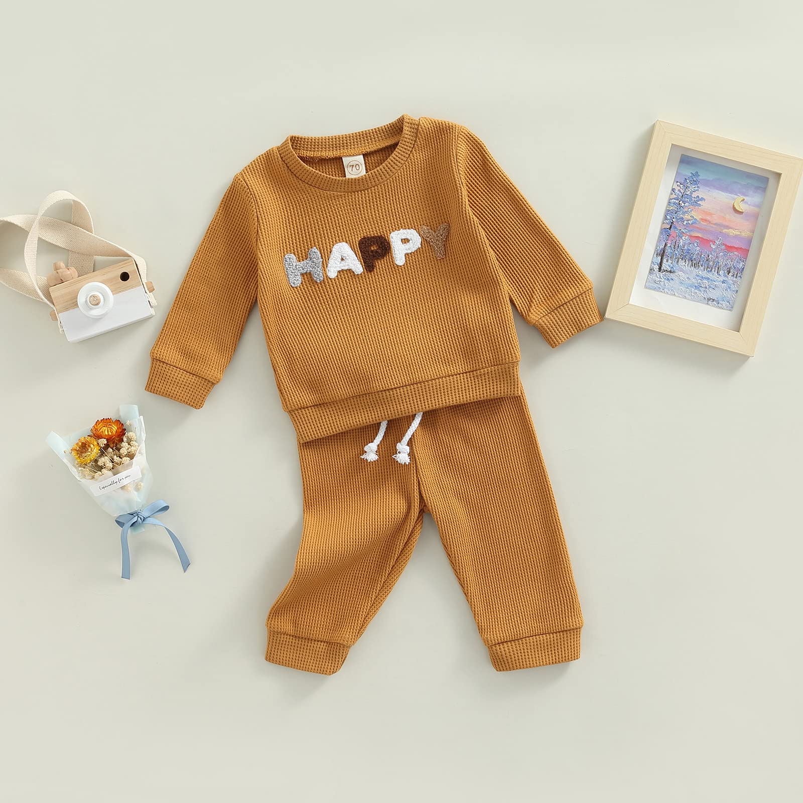 Newborn Baby Boy & Girl Clothes Set - 2PCS Fall Winter Waffle Outfit with Rainbow & Letter Print - Cozy Sweatsuits for Infants | Perfect for Family Photos, Daily Wear & Holiday Gifting