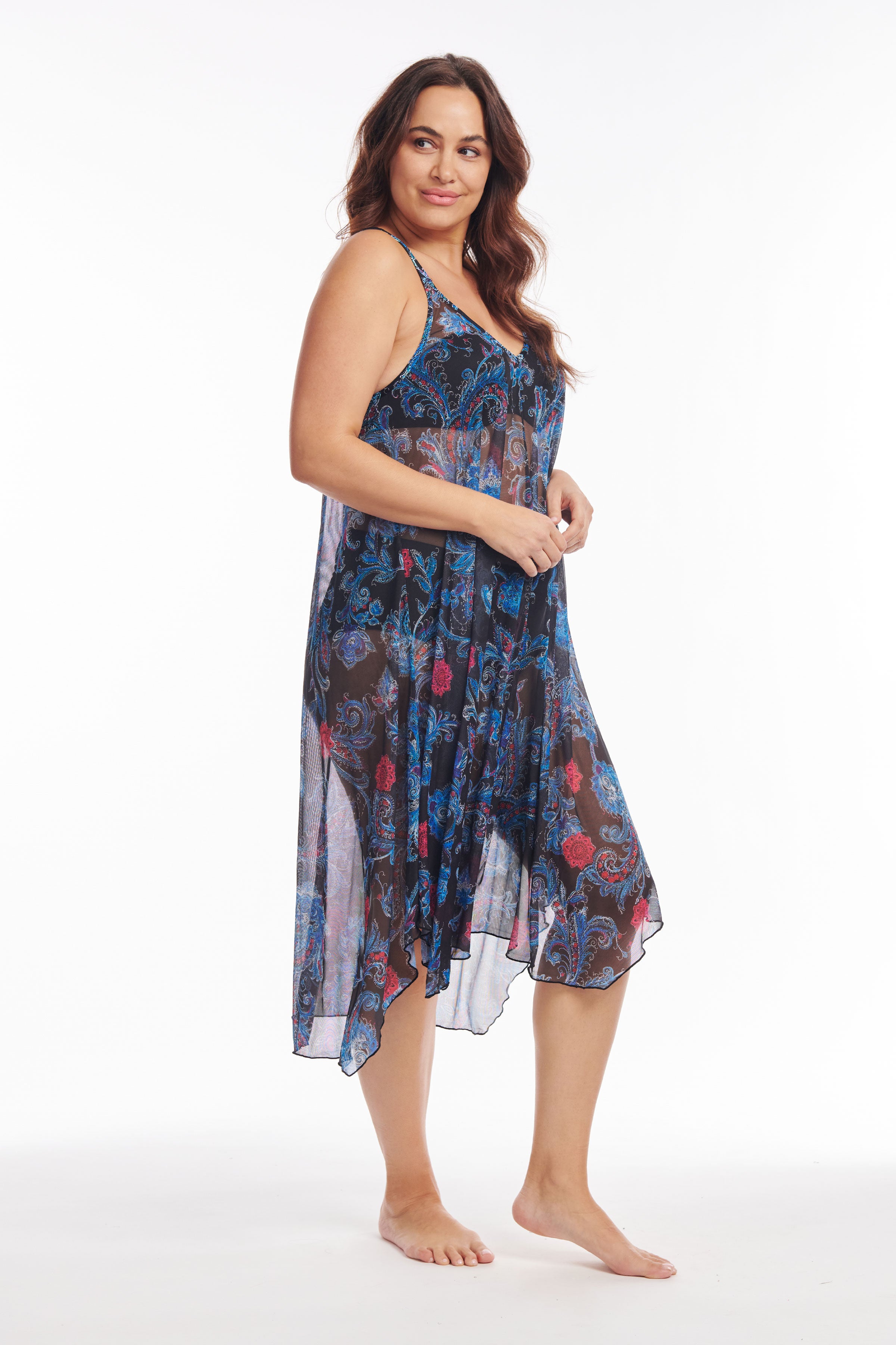 Plus Size Flowy Mesh Coverup Tank Dress - Linework Paisley Print Midi Dress for Women, Beach Cover Up, Pool Party, Summer Vacation Outfit
